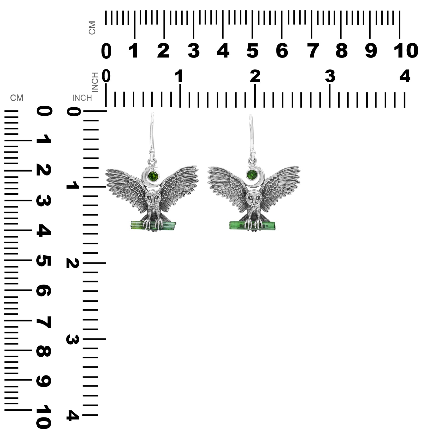 Starborn Green Tourmaline & Chrome Diopside in Sterling Silver Owl Dangle Earrings