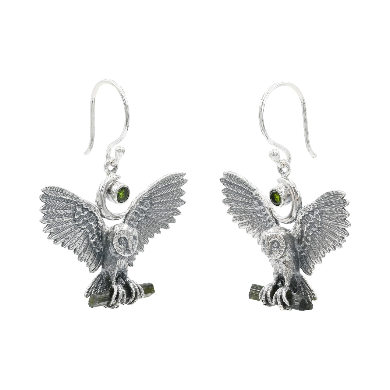 Starborn Green Tourmaline and Chrome Diopside Owl Dangle Earrings in Sterling Silver