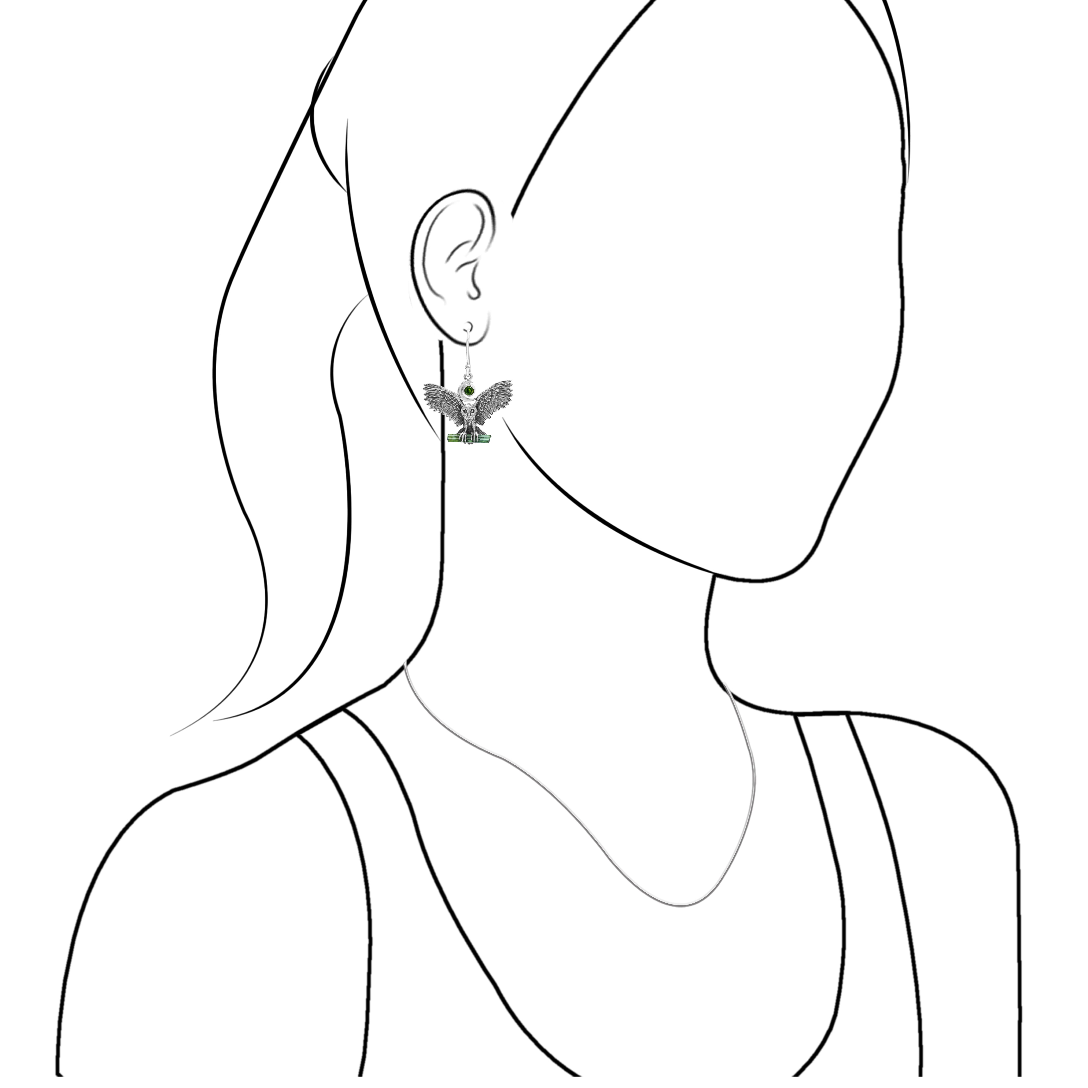 Starborn Green Tourmaline & Chrome Diopside in Sterling Silver Owl Dangle Earrings