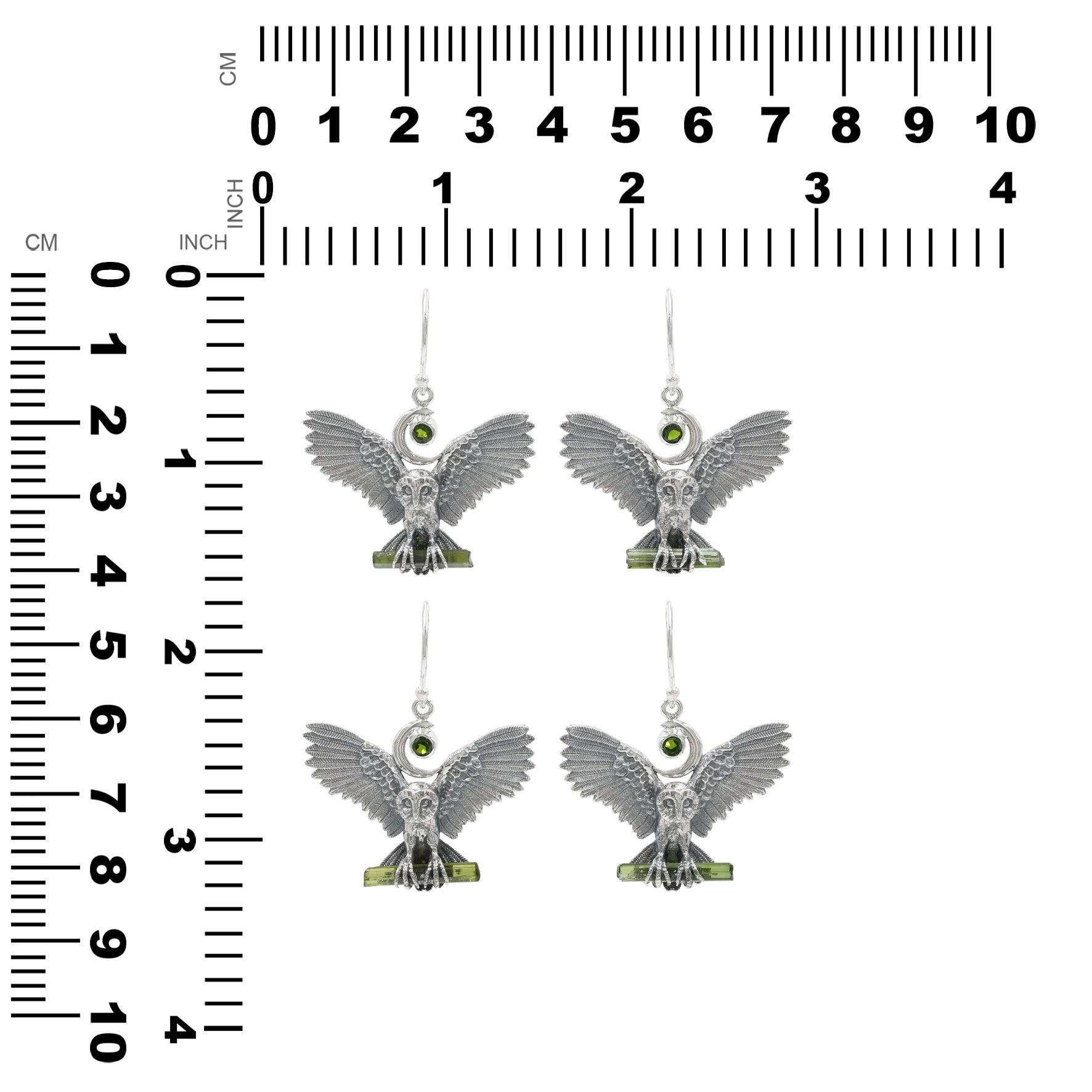 Starborn Green Tourmaline and Chrome Diopside Owl Dangle Earrings in Sterling Silver