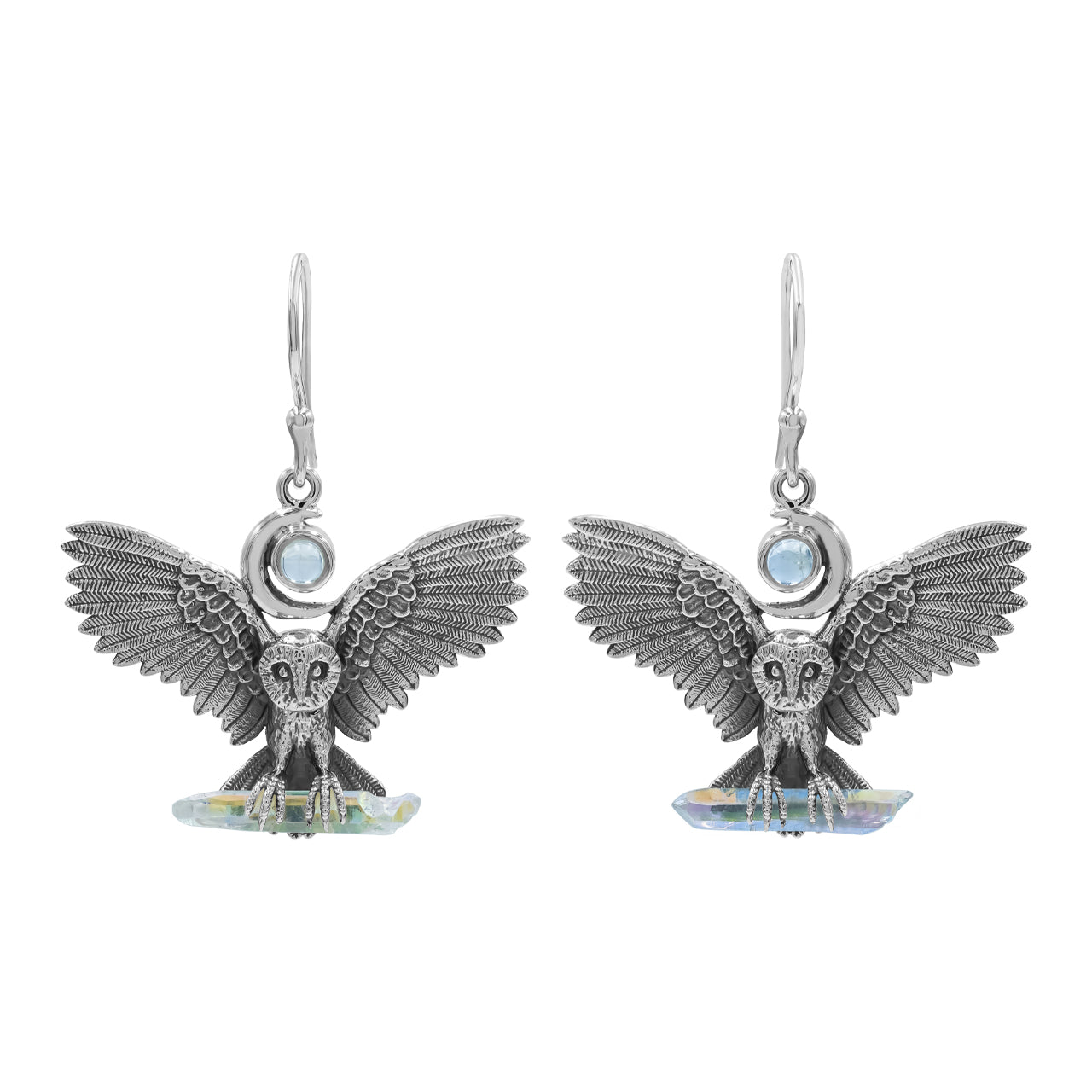 Starborn Angel Aura Quarzkristall & Regenbogen Mondstein in Sterling Silber Eulen Ohrhänger