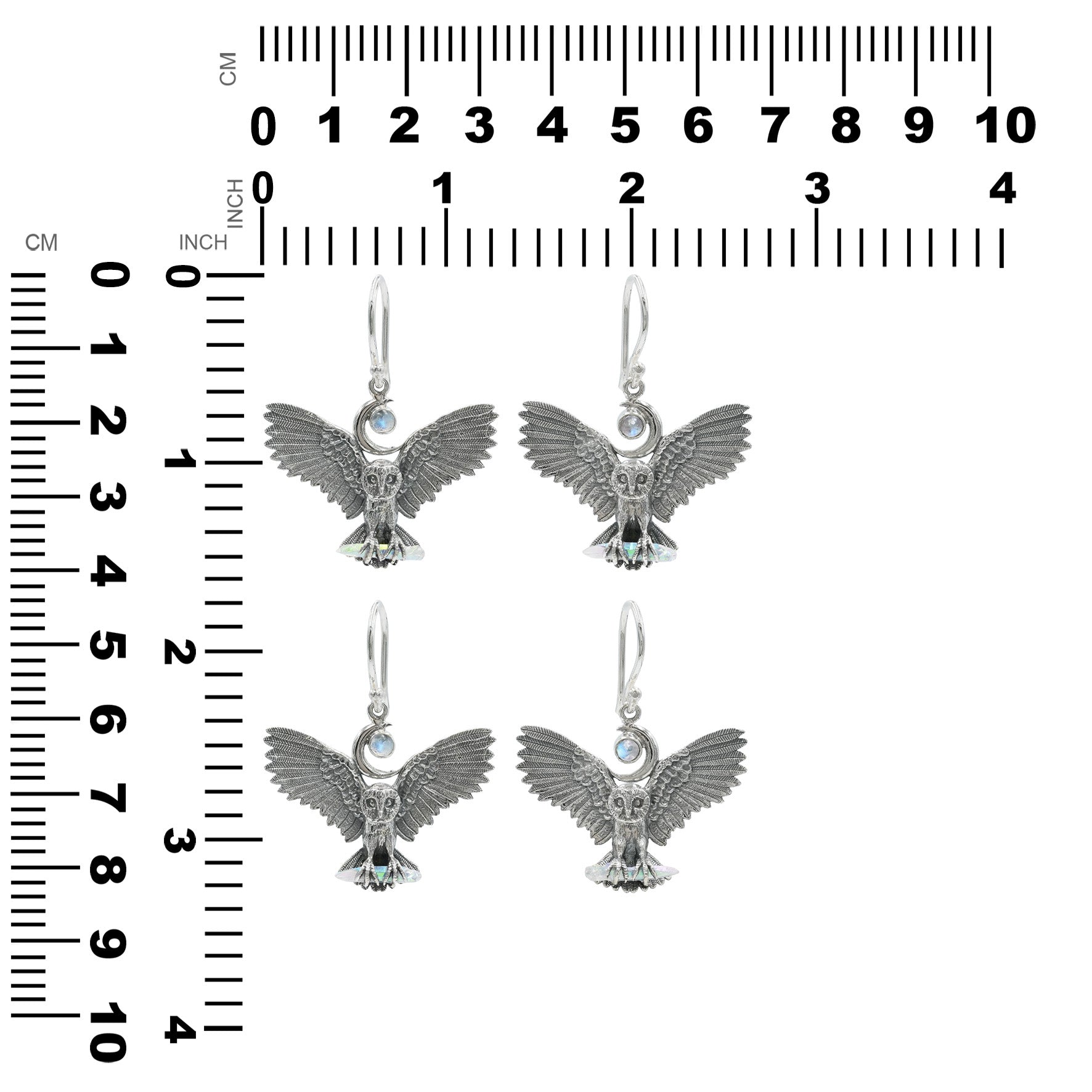 Starborn Engel-Aura-Quarz-Kristall & Regenbogen-Mondstein in Sterling Silber Eulen-Hängeohrringe