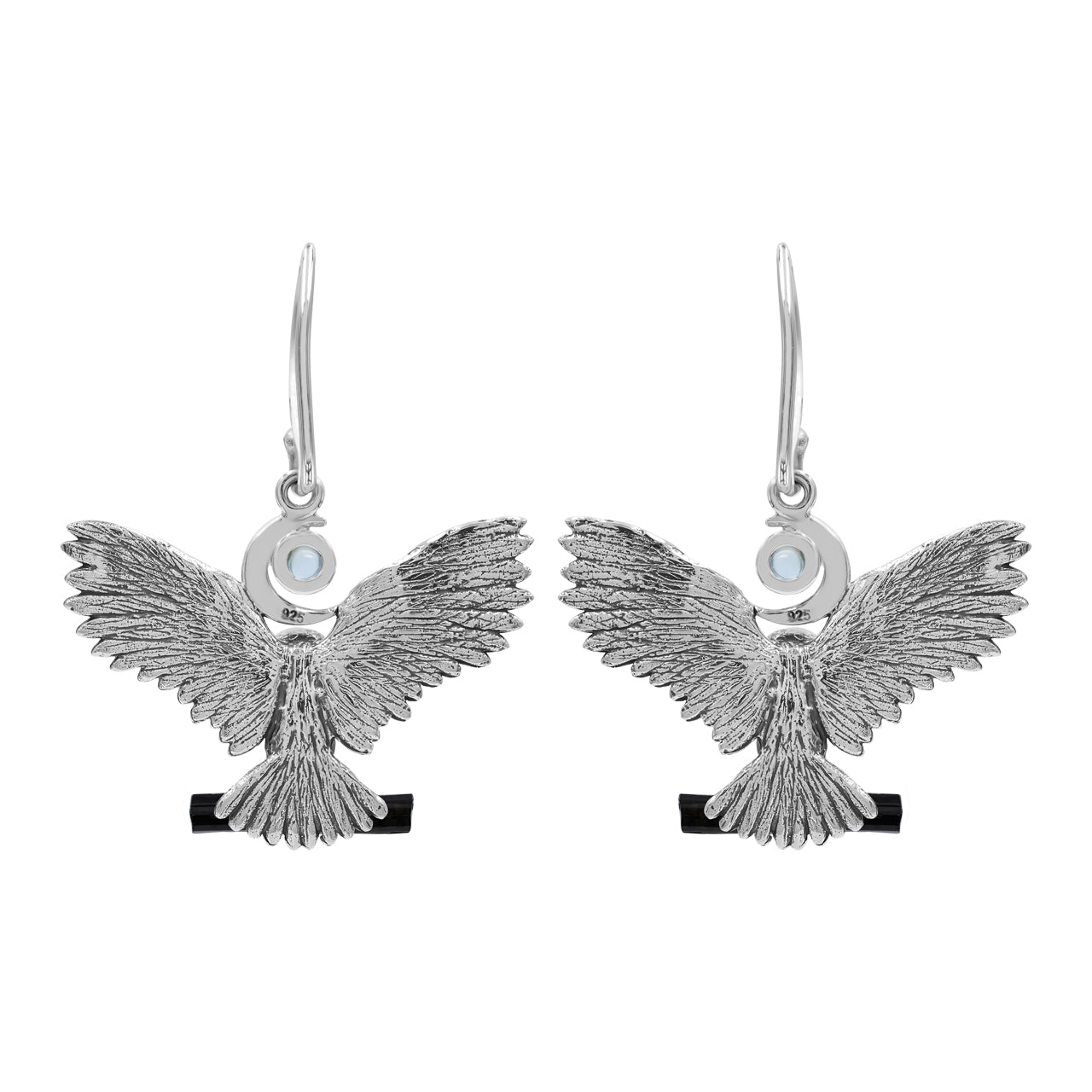 Starborn Rainbow Moonstone & Black Tourmaline in Sterling Silver Owl Dangle Earrings