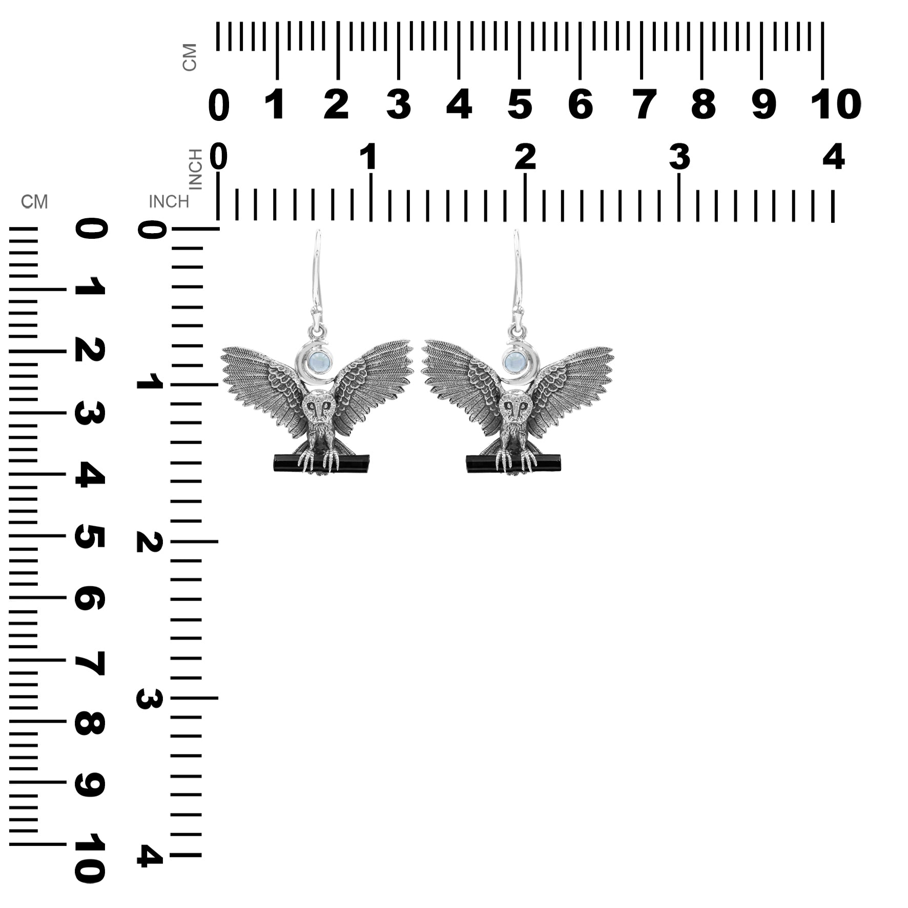 Starborn Regenbogen-Mondstein & schwarzer Turmalin in Sterling-Silber-Eulen-Ohrhänger