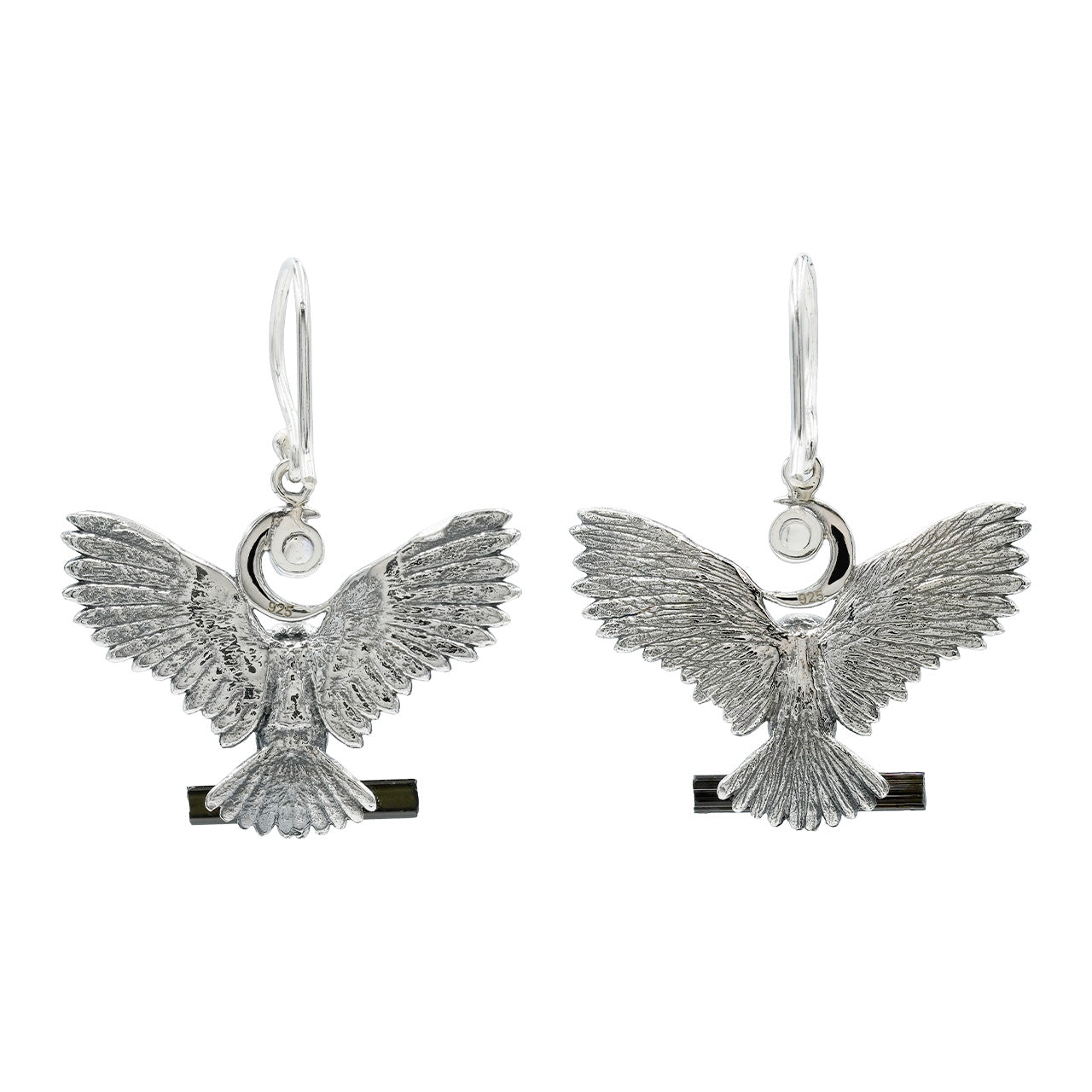 Starborn Regenbogen-Mondstein- und schwarze Turmalin-Eulen-Hängeohrringe aus Sterlingsilber