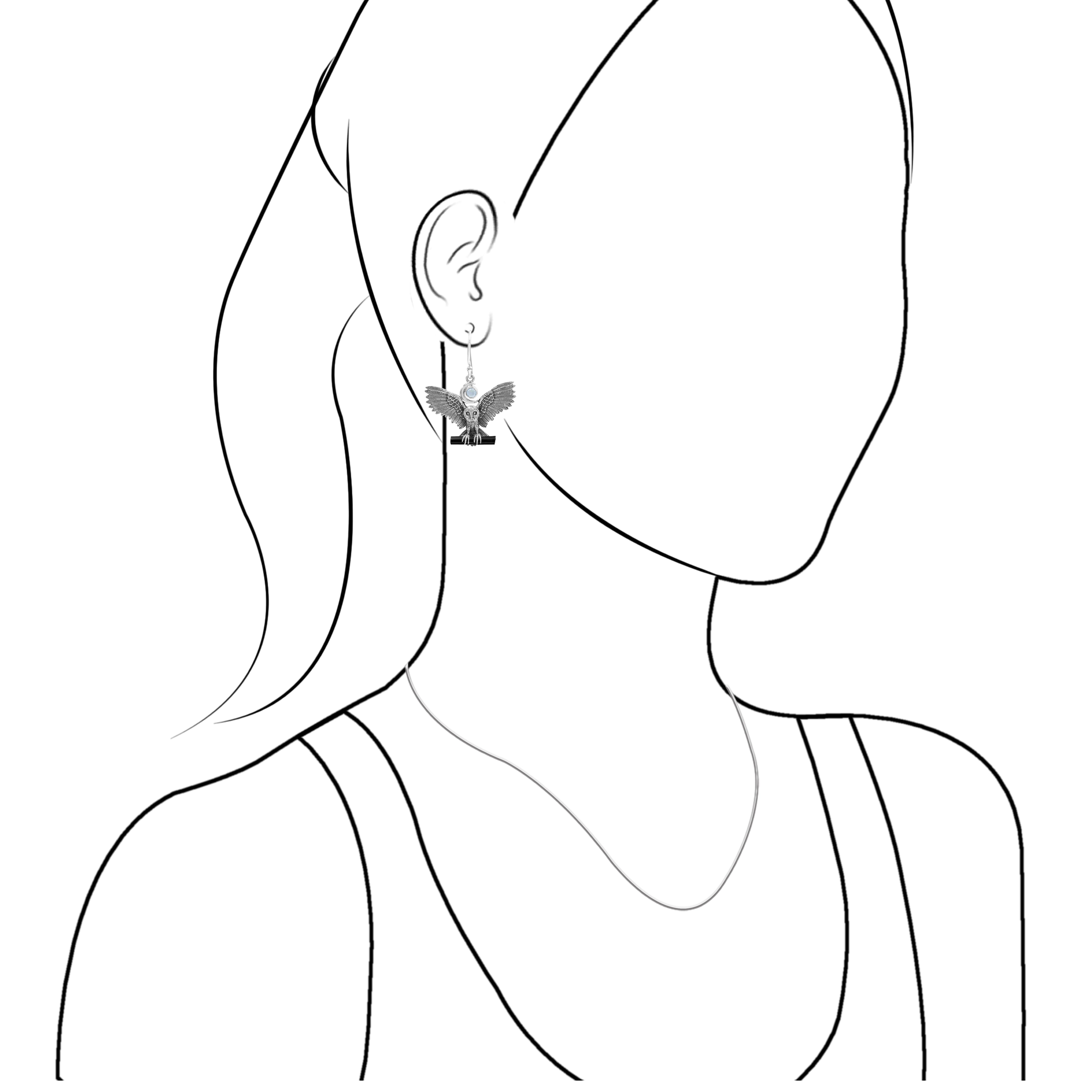Starborn Regenbogen-Mondstein & schwarzer Turmalin in Sterling-Silber-Eulen-Ohrhänger