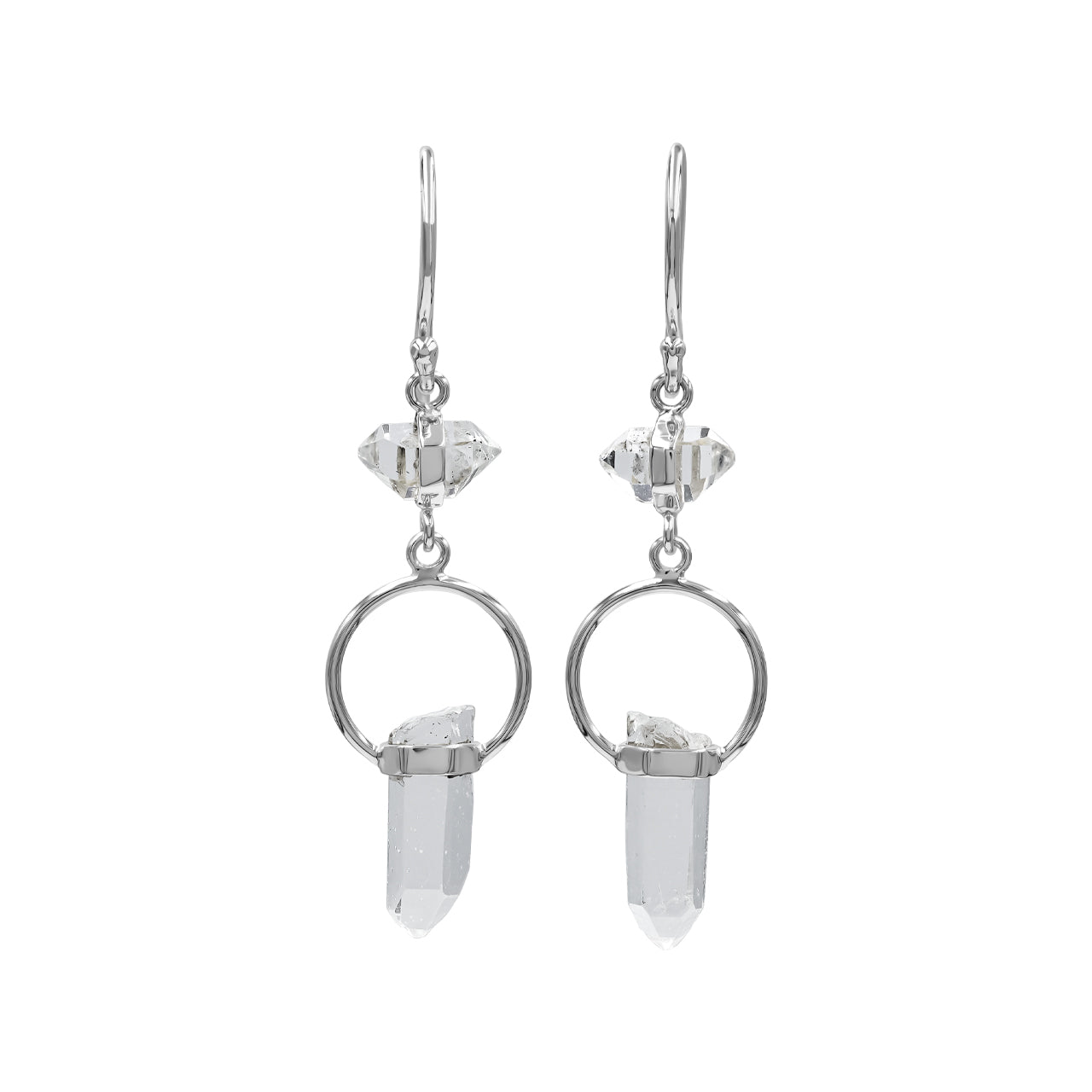 Aretes colgantes de cristal de cuarzo y diamantes Herkimer de Starborn con detalle de alambre redondo en plata de ley