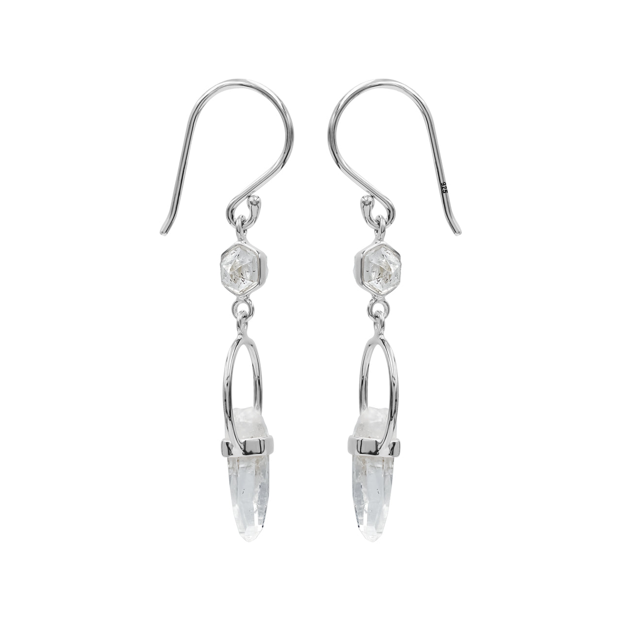 Aretes colgantes de cristal de cuarzo y diamantes Herkimer de Starborn con detalle de alambre redondo en plata de ley