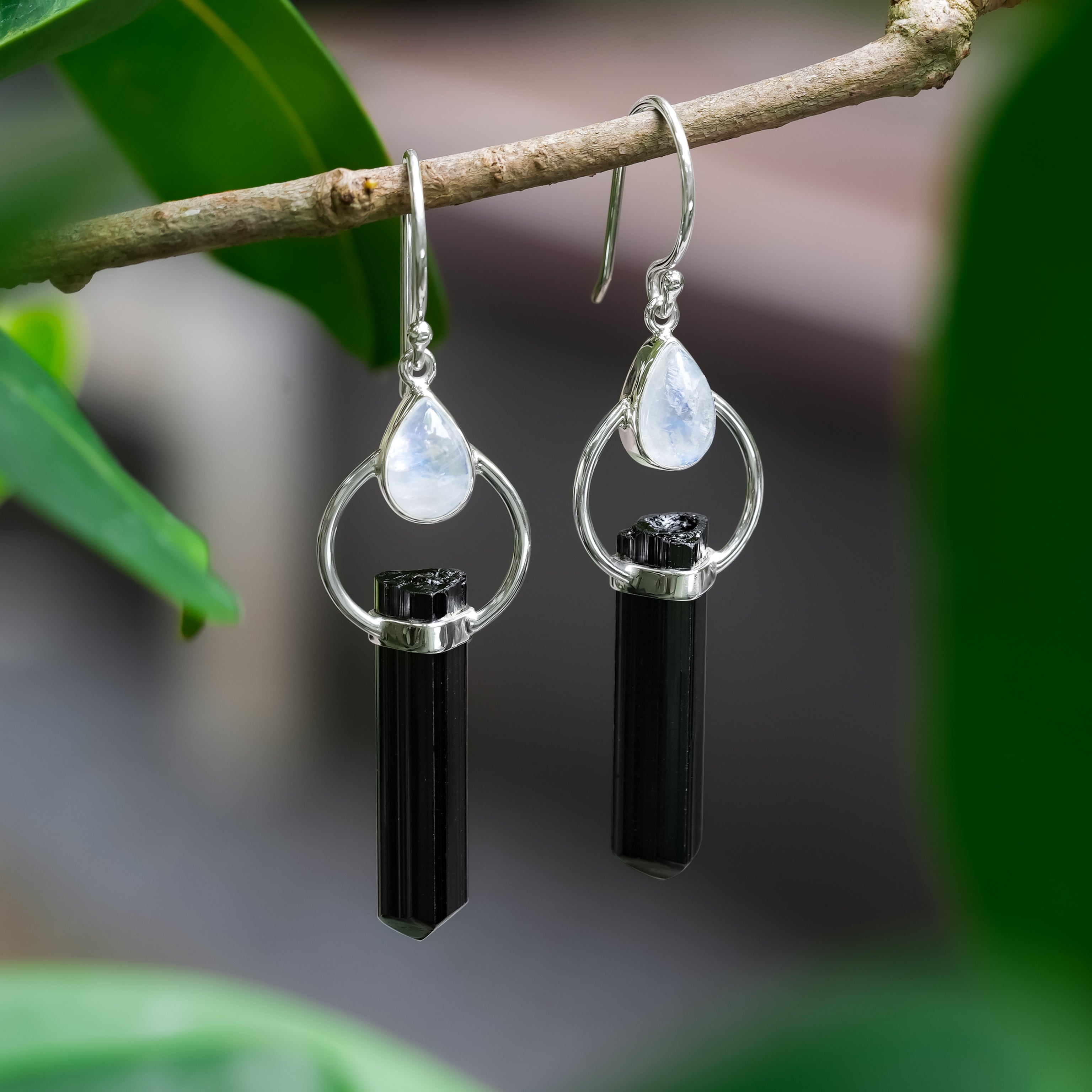Starborn Black Tourmaline with Rainbow Moonstone Earring in Sterling Silver