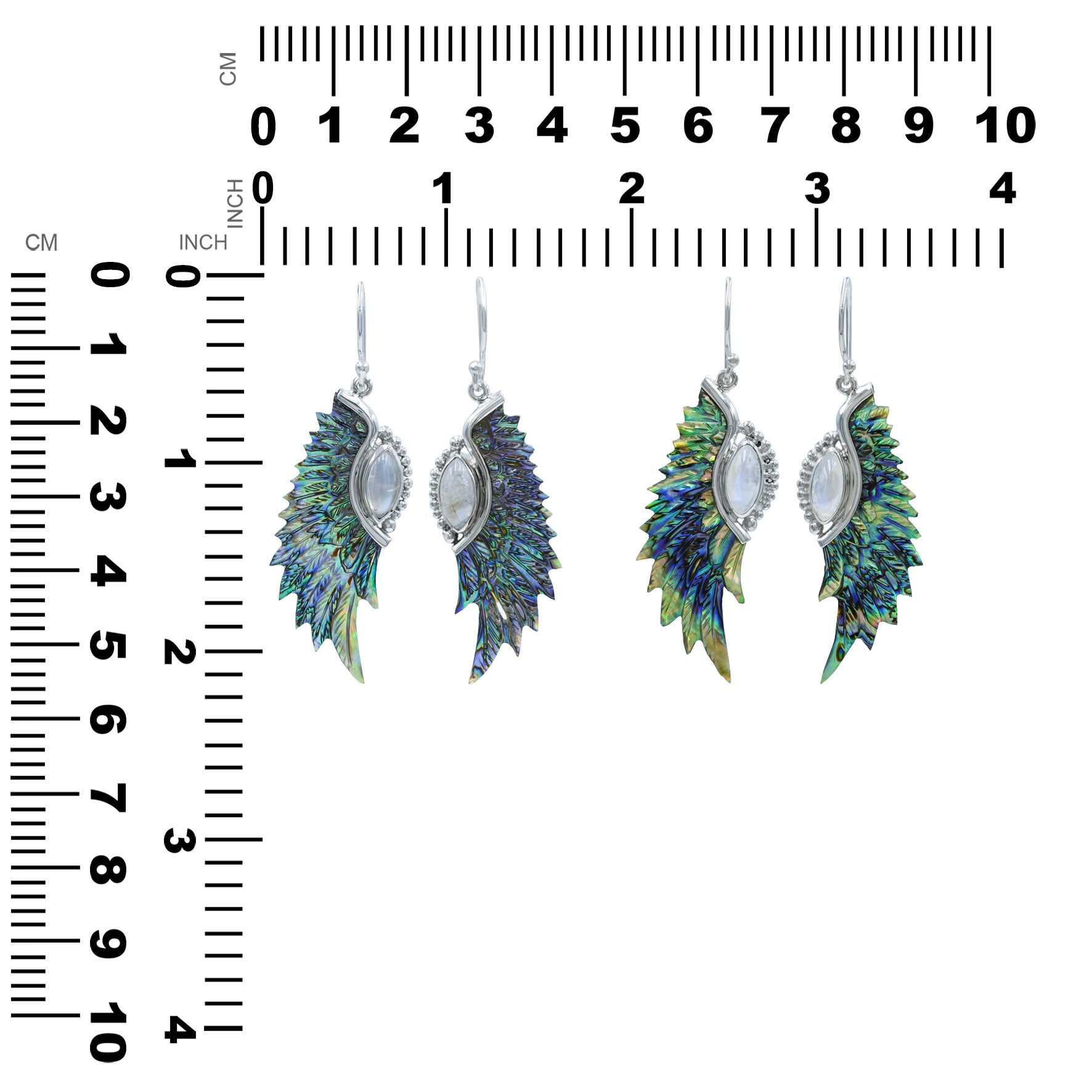 Starborn Carved Feather Abalone Shell with Rainbow Moonstone Accents Dangle Earrings in Sterling Silver