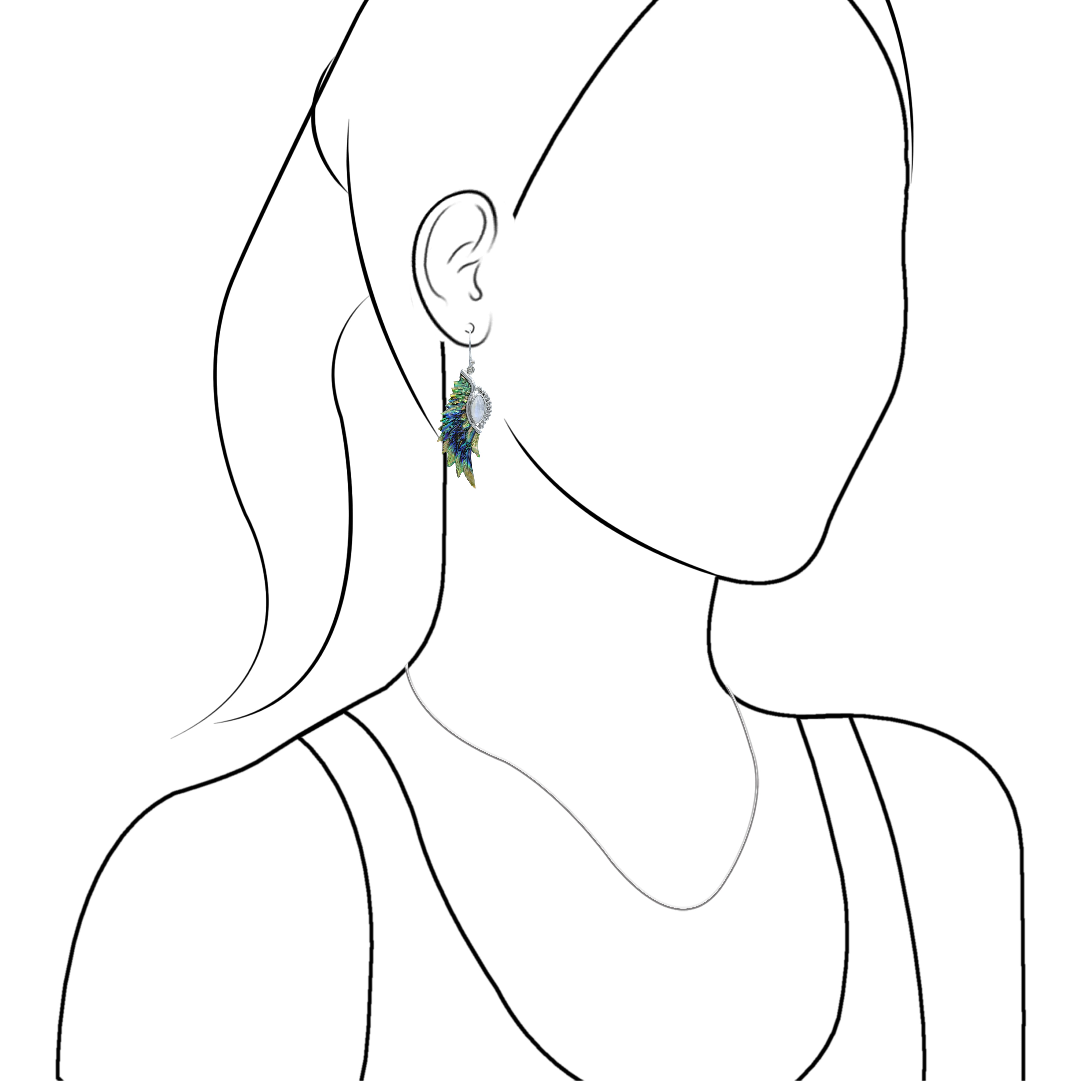 Starborn Carved Feather Abalone Shell with Rainbow Moonstone Accents Dangle Earrings in Sterling Silver