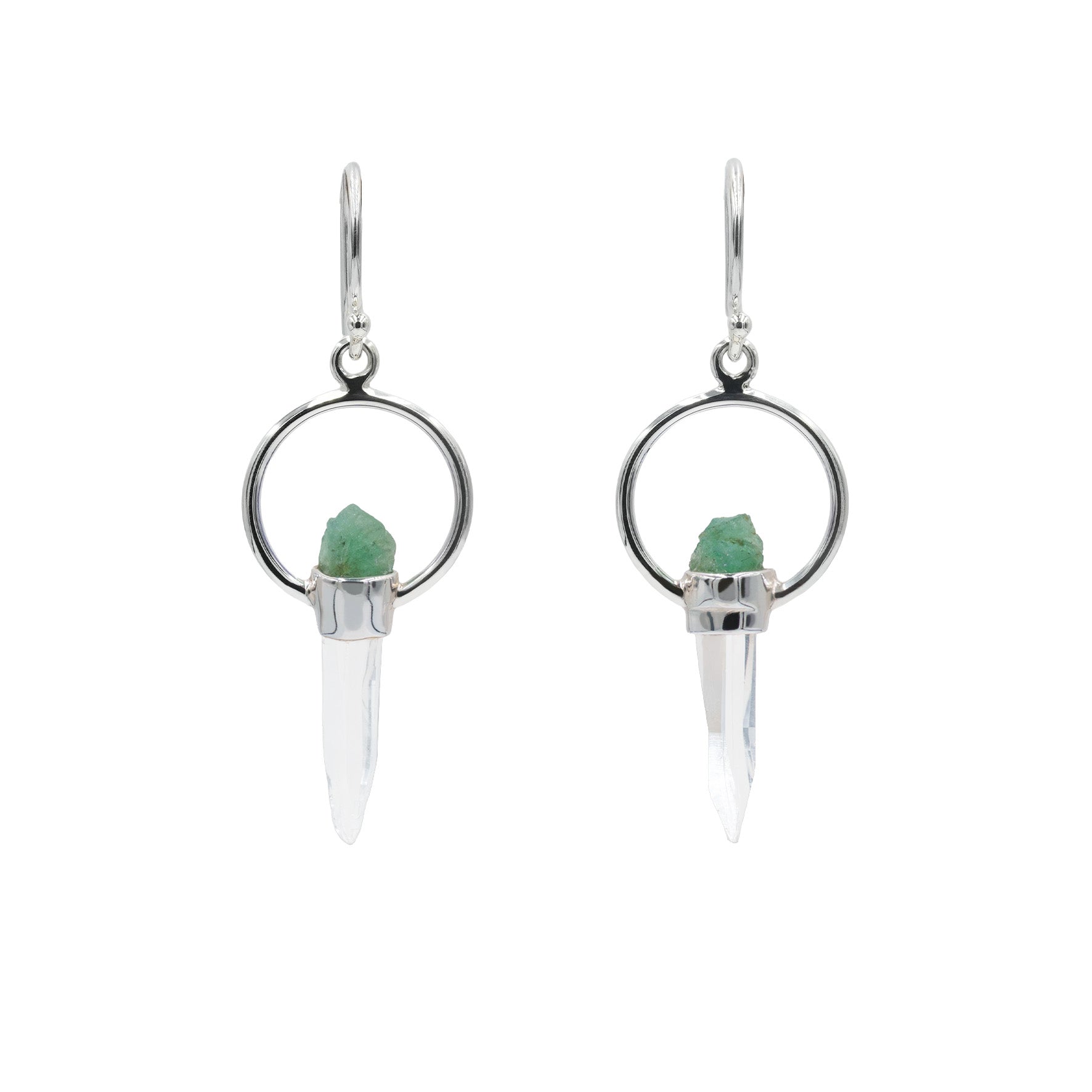 Starborn Quartz Crystal with Emerald Crystal Earring in Sterling Silver
