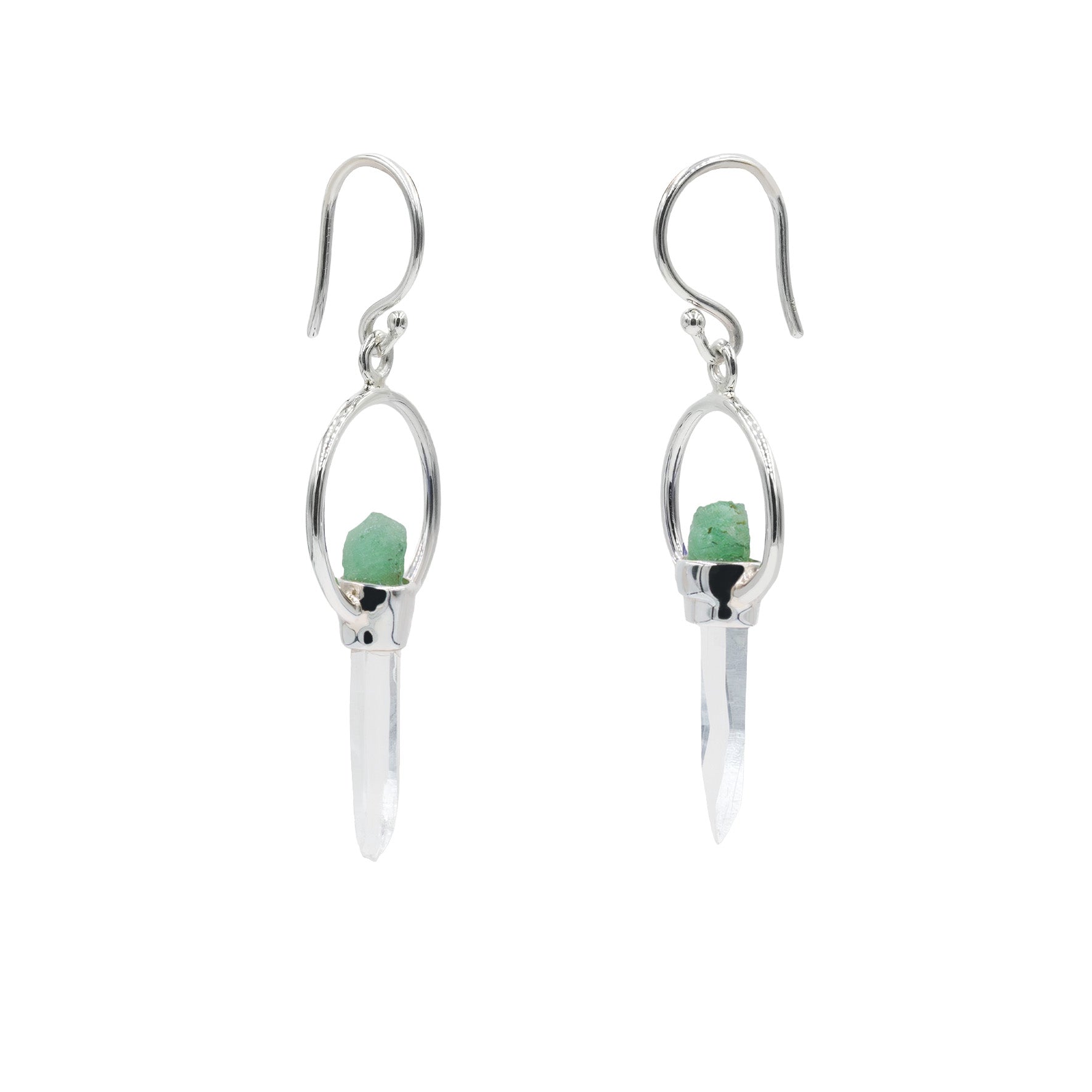 Starborn Quartz Crystal with Emerald Crystal Earring in Sterling Silver