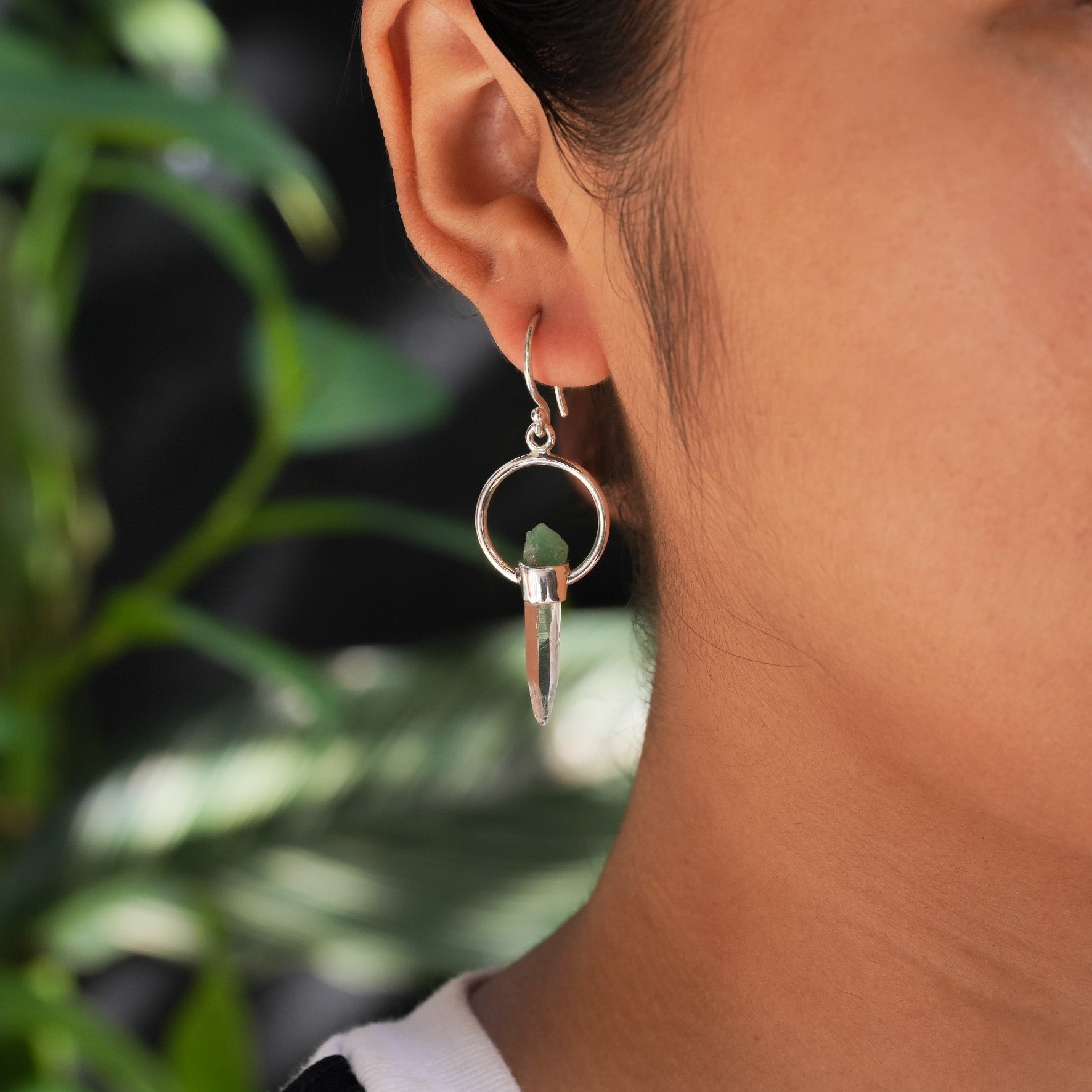 Starborn Quartz Crystal with Emerald Crystal Earring in Sterling Silver