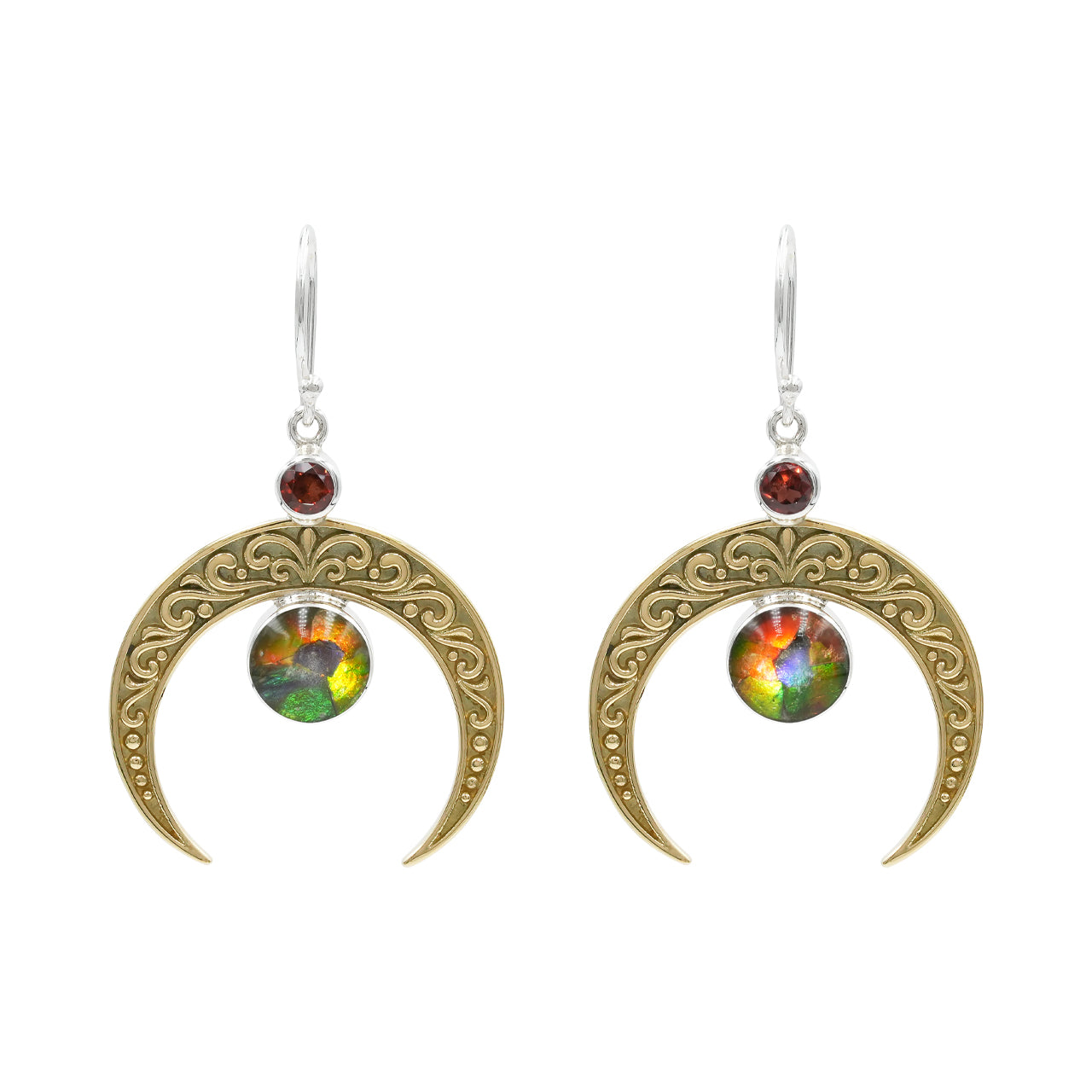 Pendientes colgantes de filigrana con media luna Starborn, ammolita facetada redonda y granate en plata de ley