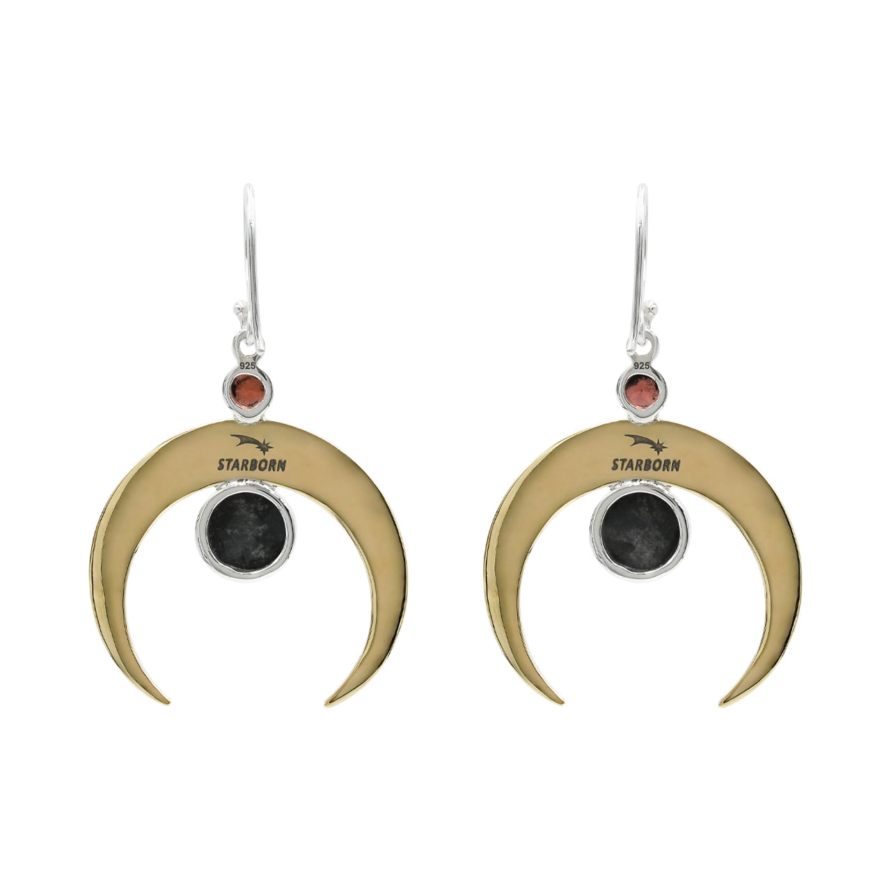 Pendientes colgantes de filigrana con media luna Starborn, ammolita facetada redonda y granate en plata de ley