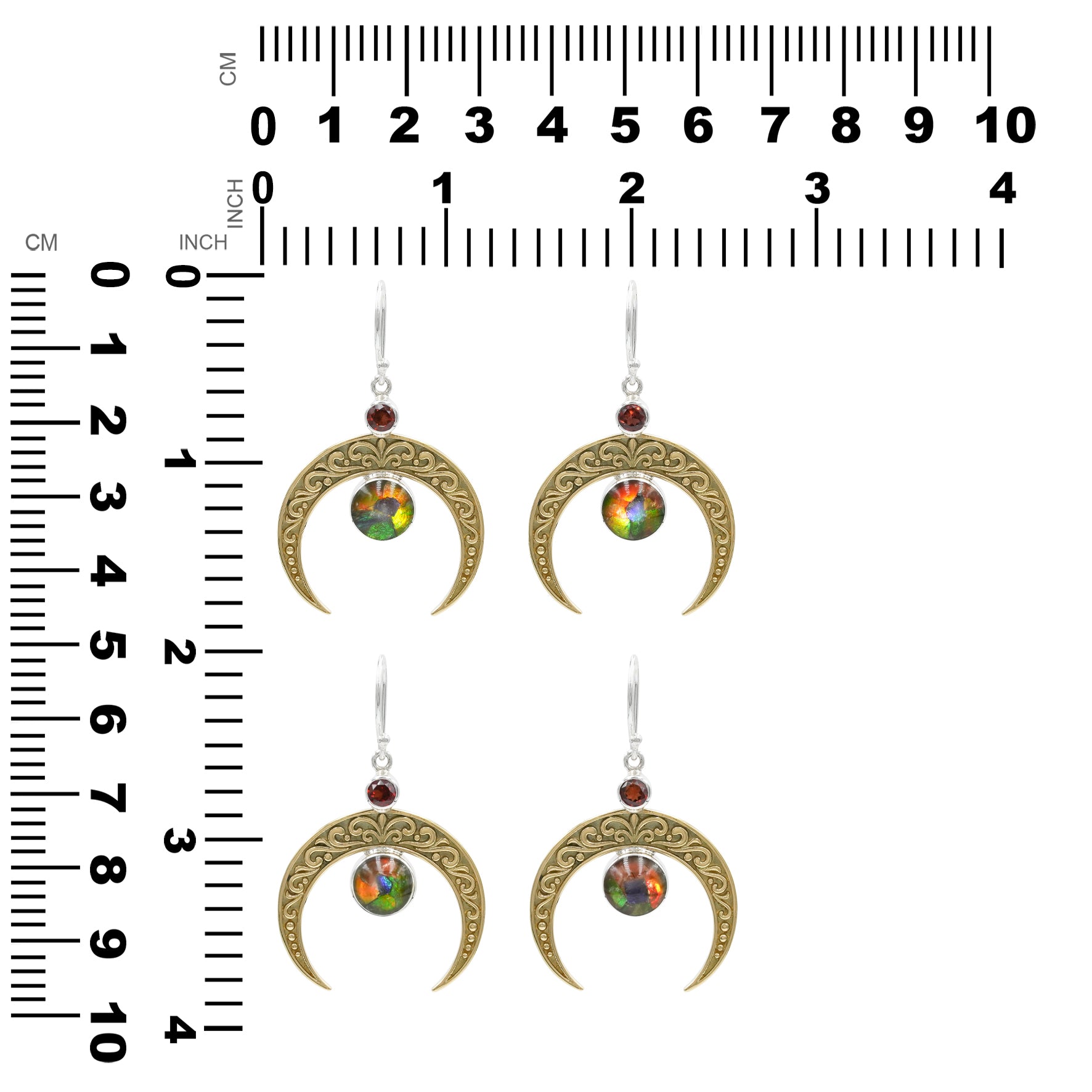 Pendientes colgantes de filigrana con media luna Starborn, ammolita facetada redonda y granate en plata de ley
