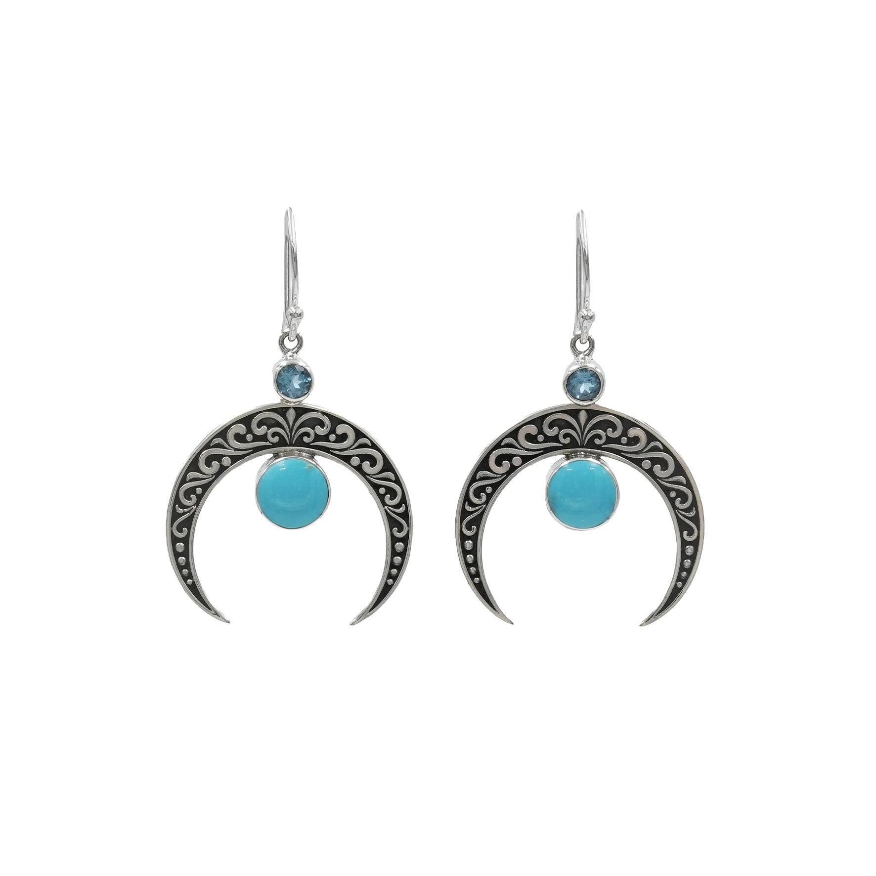 Starborn Crescent Moon Filigree with Round Sleeping Beauty Turquoise & Faceted Blue Topaz Dangle Earrings in Sterling Silver