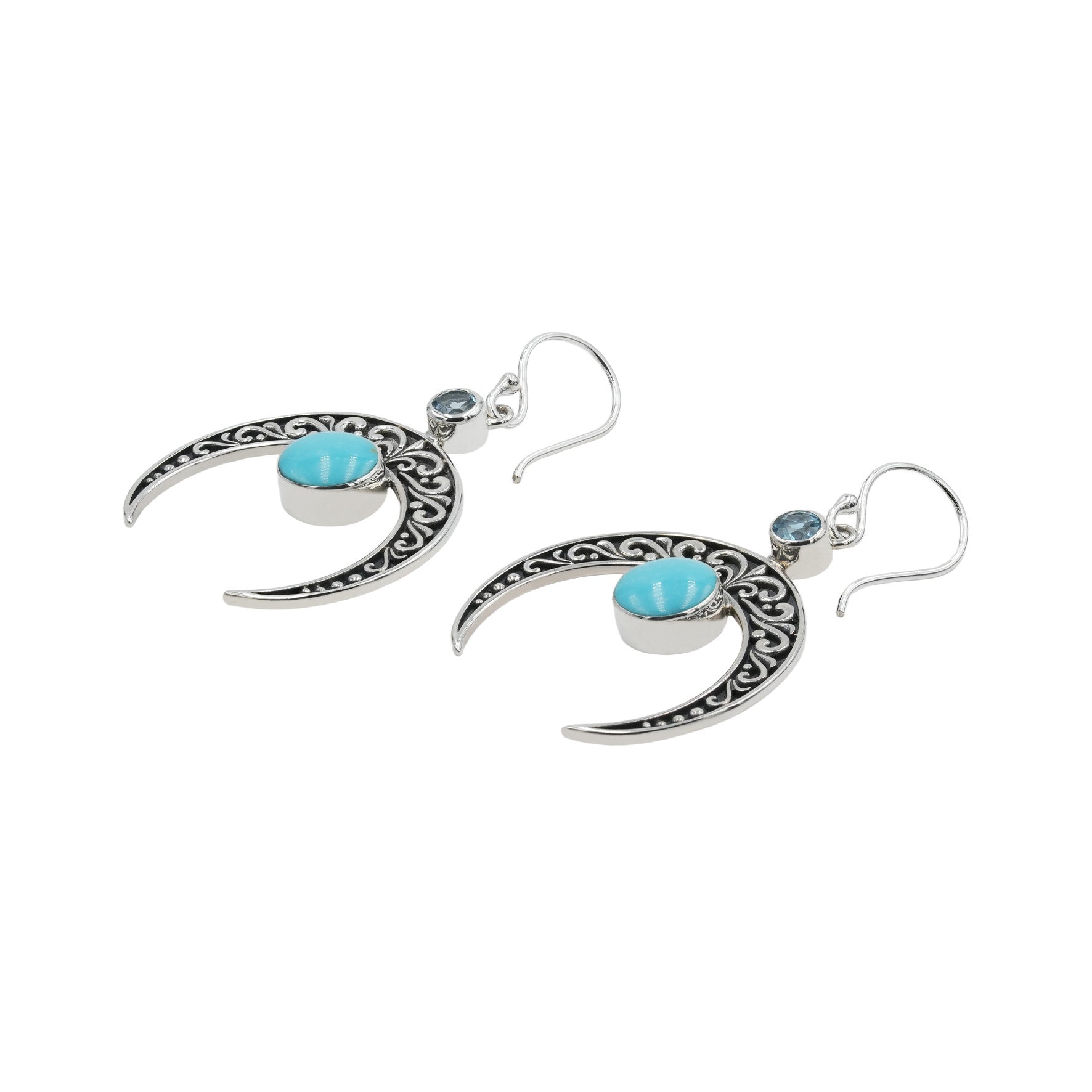 Starborn Crescent Moon Filigree with Round Sleeping Beauty Turquoise & Faceted Blue Topaz Dangle Earrings in Sterling Silver