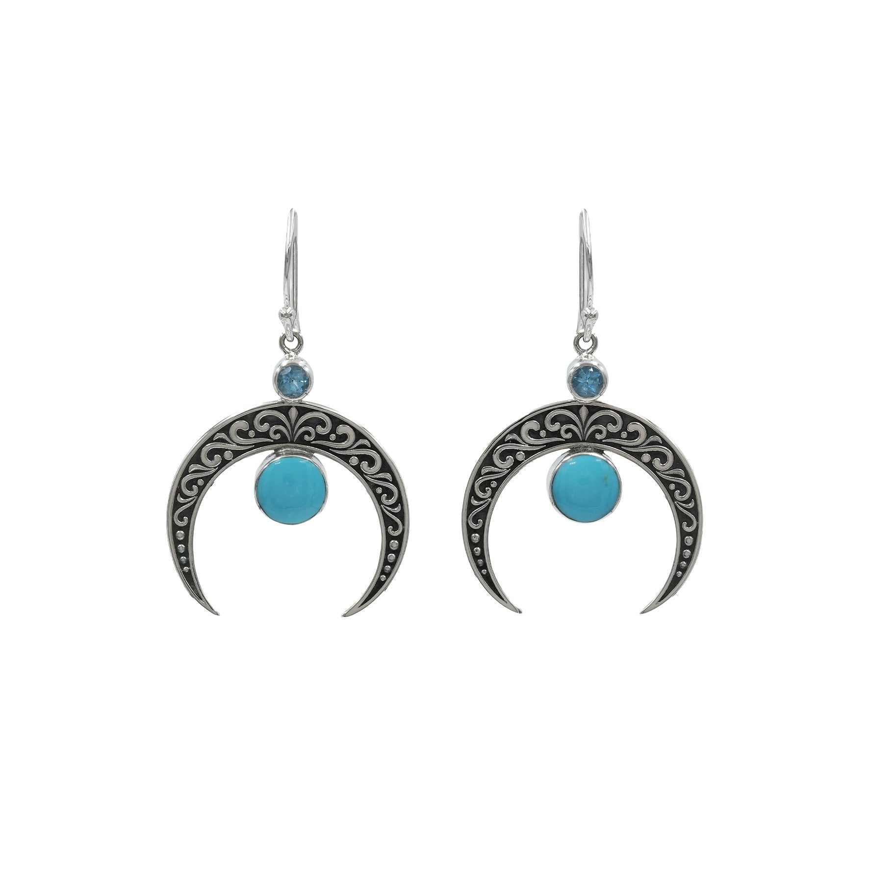 Starborn Crescent Moon Filigree with Round Sleeping Beauty Turquoise & Faceted Blue Topaz Dangle Earrings in Sterling Silver