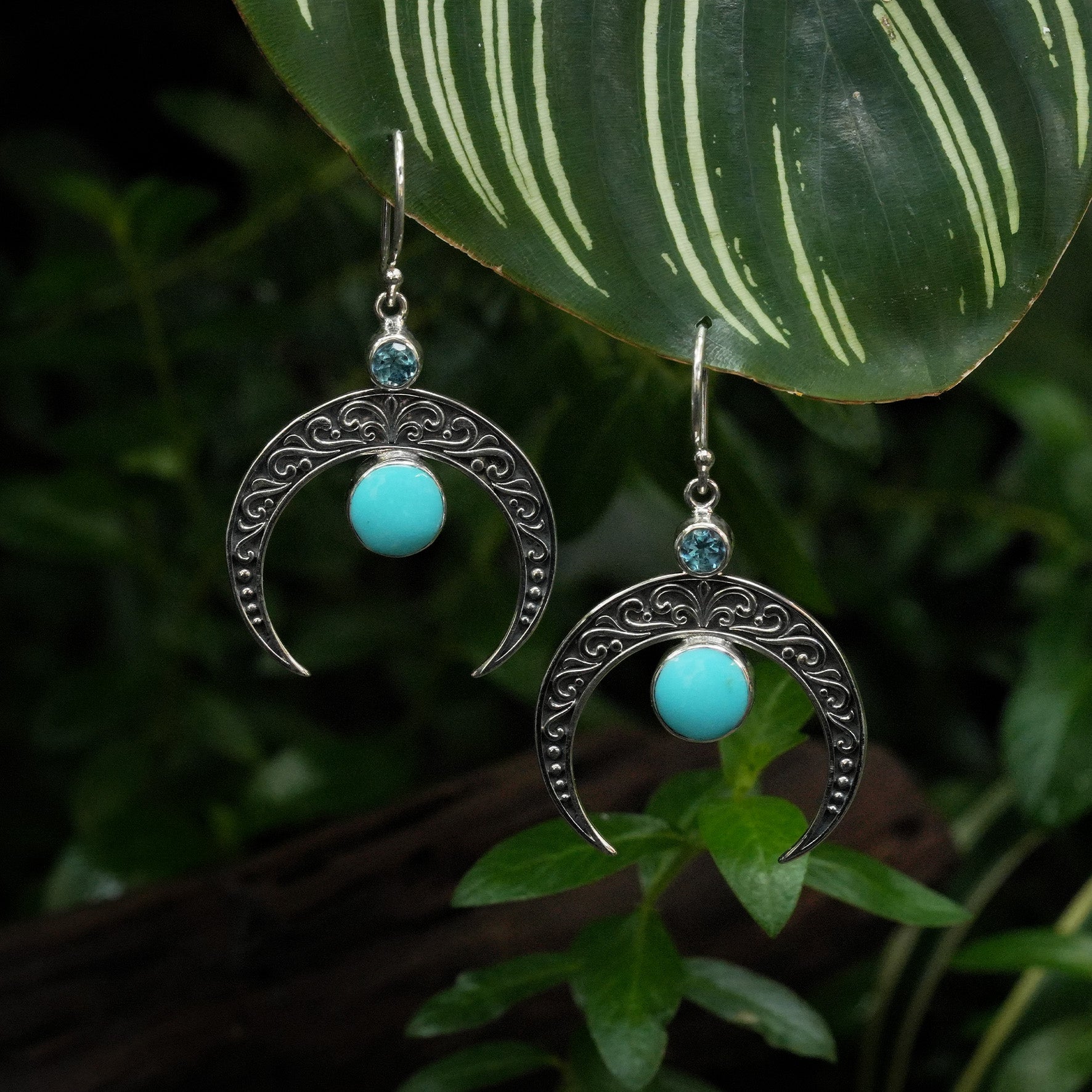 Starborn Crescent Moon Filigree with Round Sleeping Beauty Turquoise & Faceted Blue Topaz Dangle Earrings in Sterling Silver