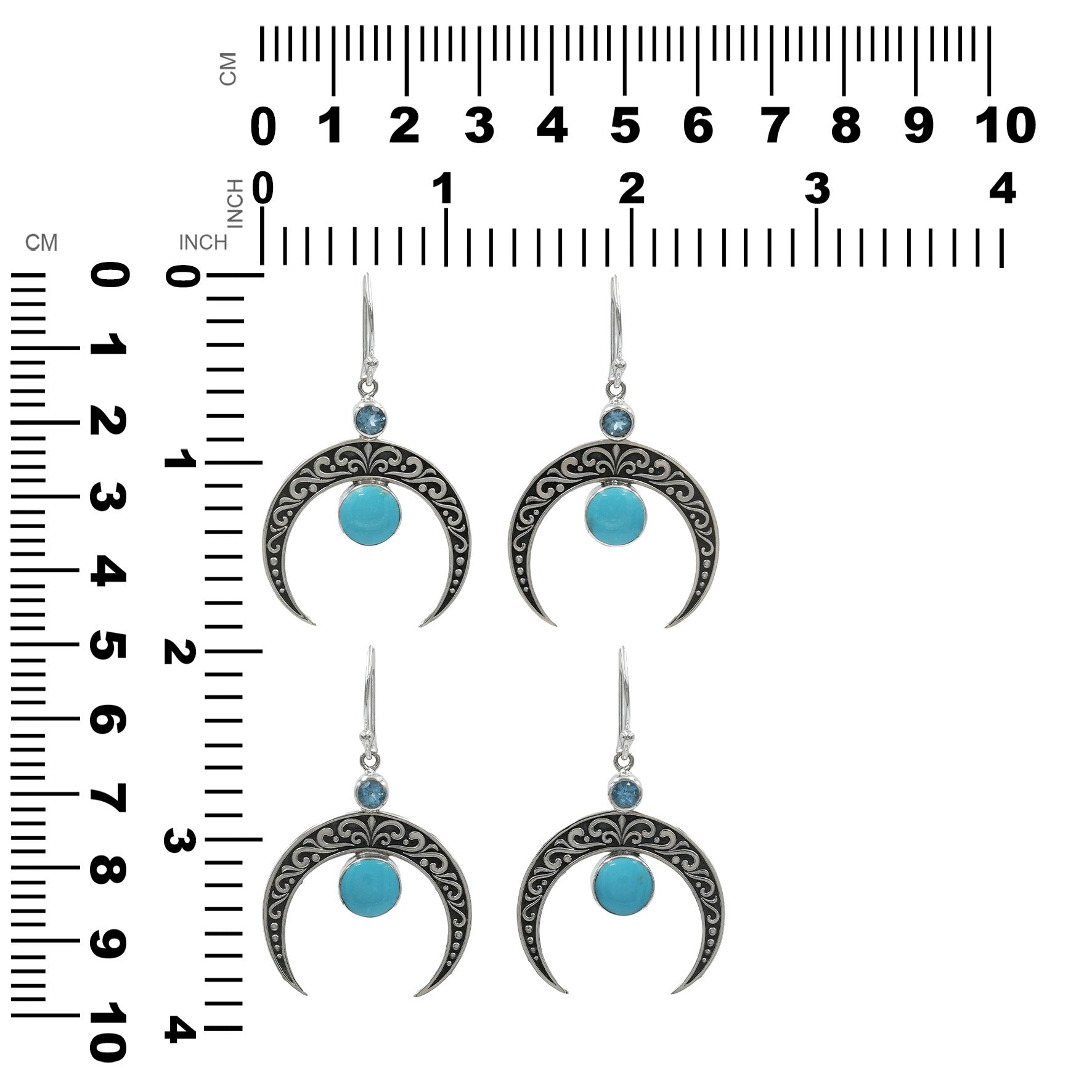 Starborn Crescent Moon Filigree with Round Sleeping Beauty Turquoise & Faceted Blue Topaz Dangle Earrings in Sterling Silver