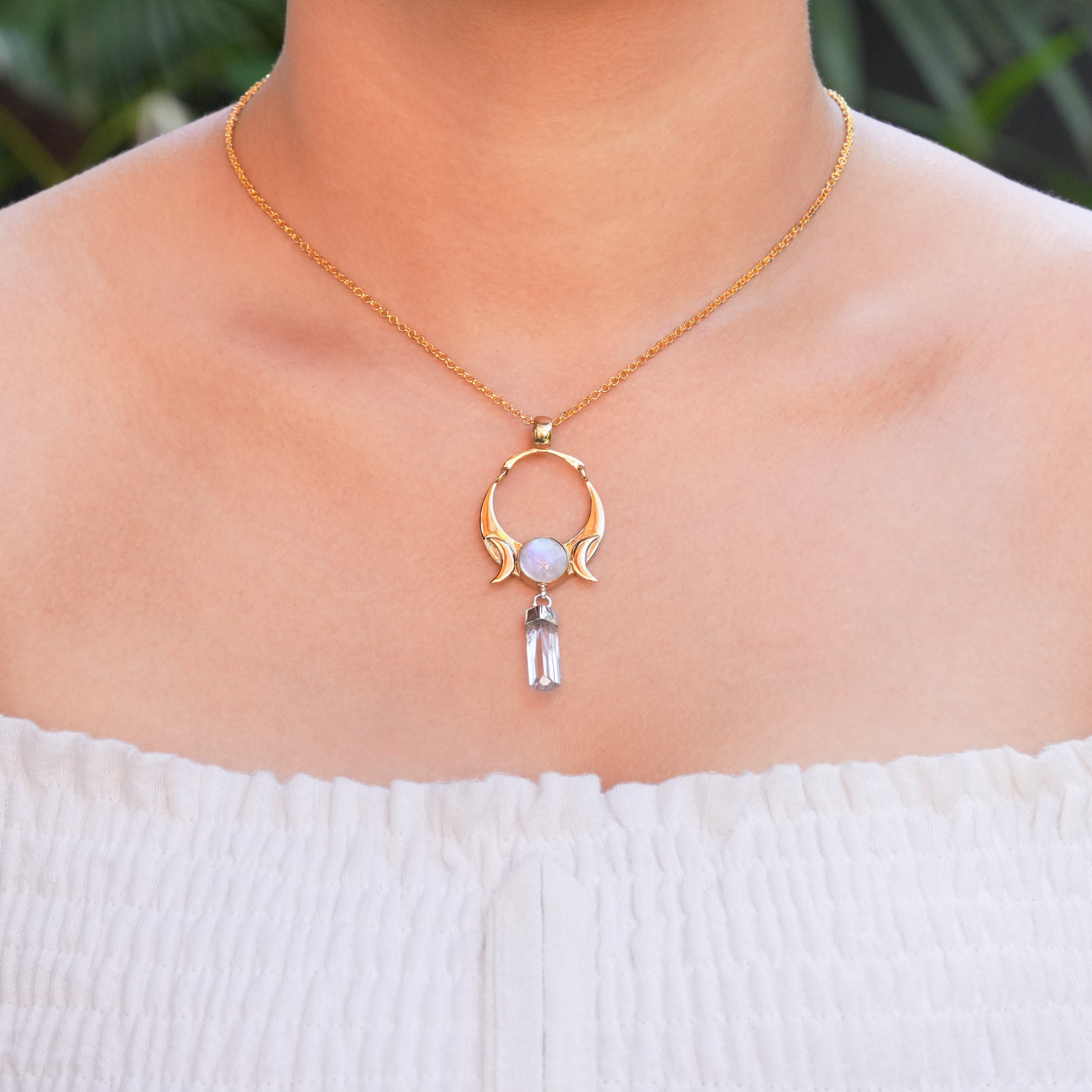 Starborn Danburite Crystal & Rainbow Moonstone Pendant in Sterling Silver