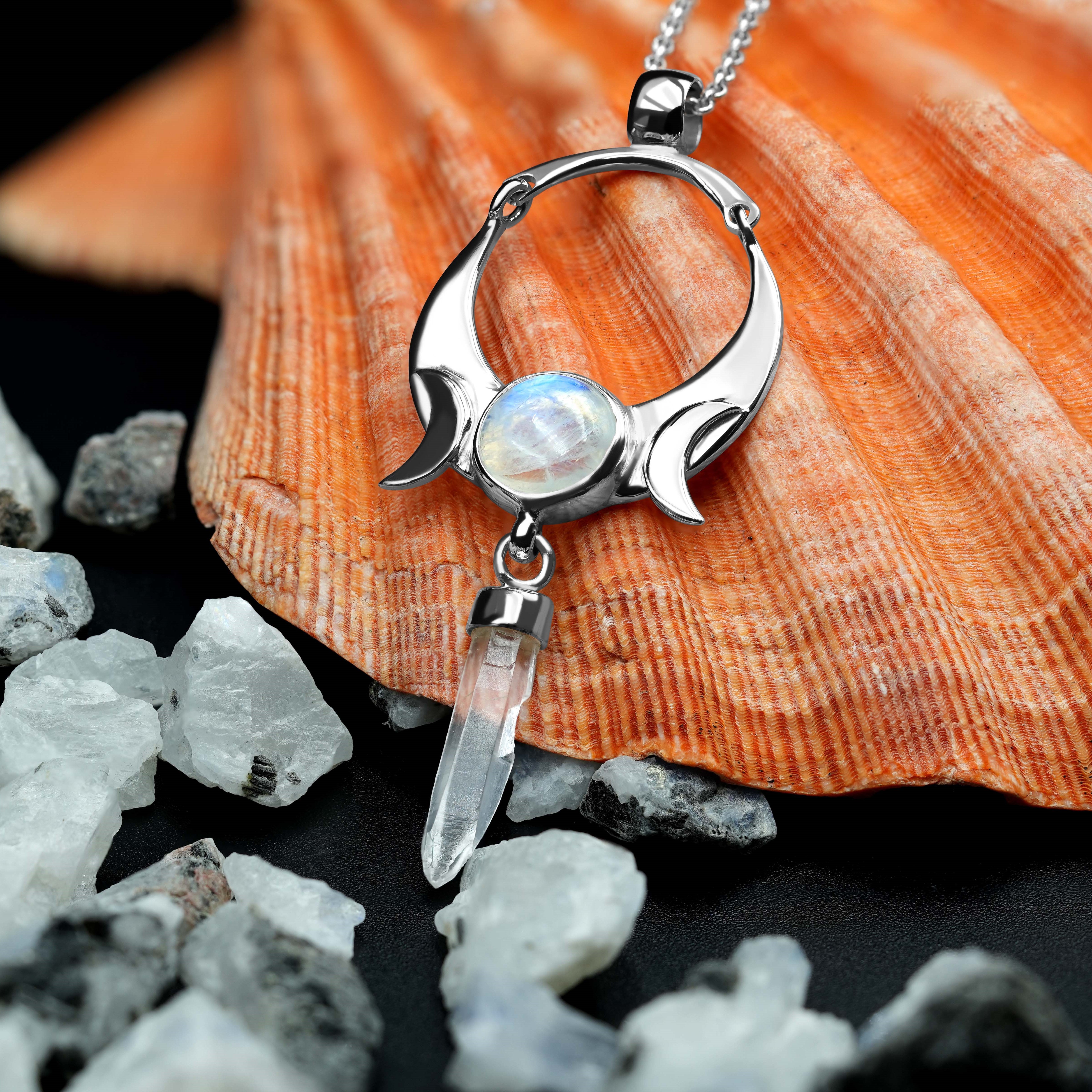 Starborn Quartz Crystal & Rainbow Moonstone Pendant in Sterling Silver