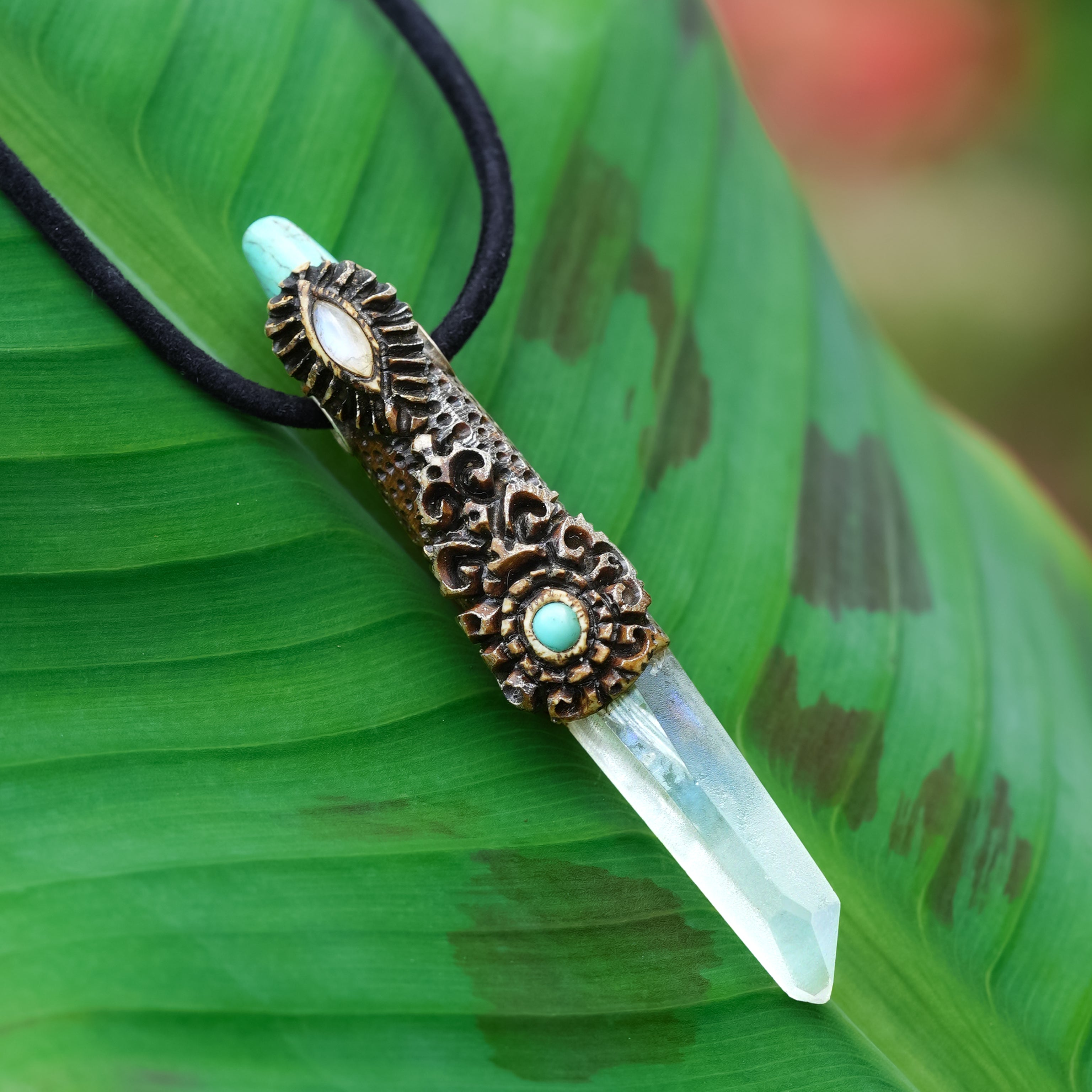 Starborn Angel Aura Quartz Crystal Wand Pendant with Rainbow Moonstone and Turquoise