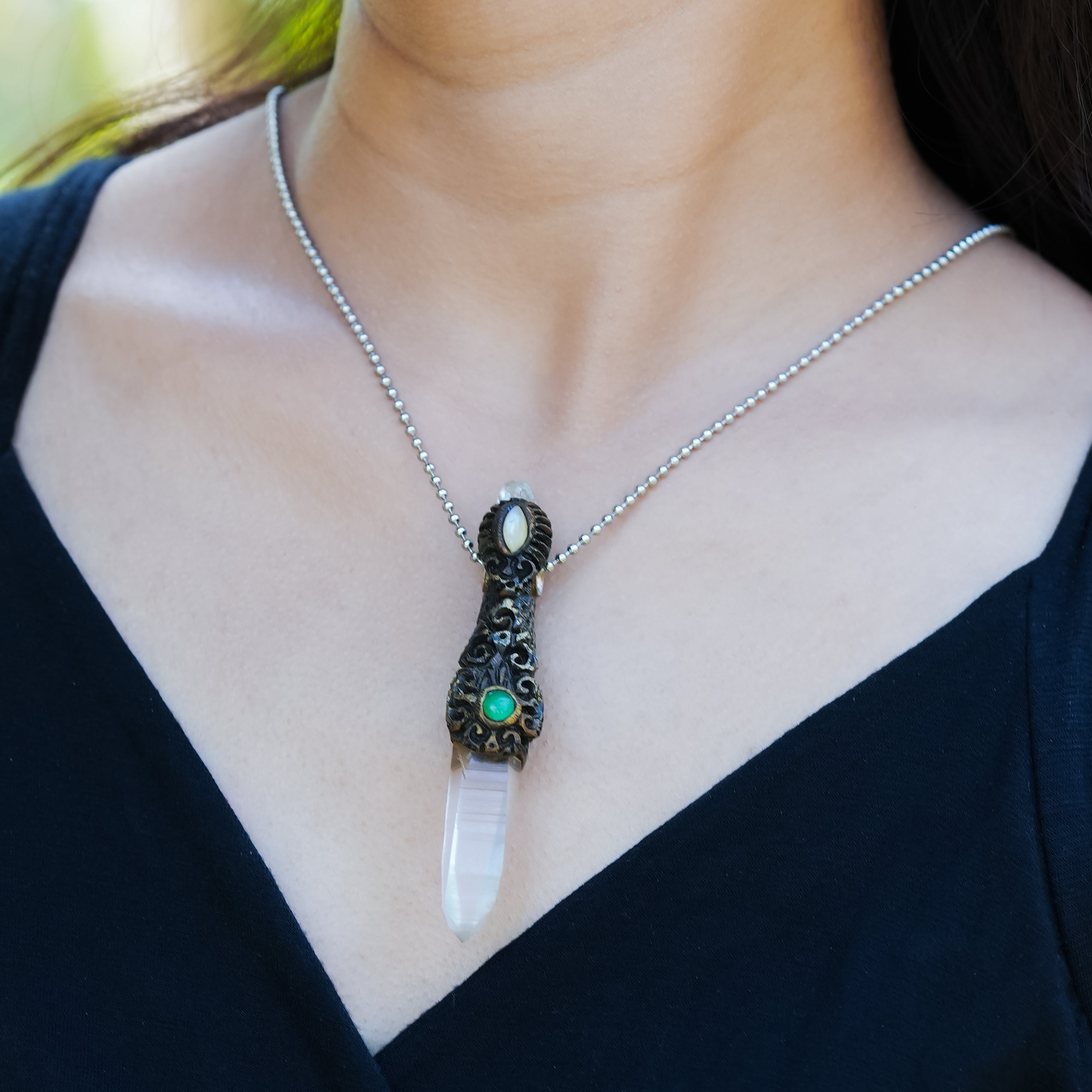 Starborn Quartz Crystal Wand Pendant with Aquamarine, Chrysoprase and Rainbow Moonstone