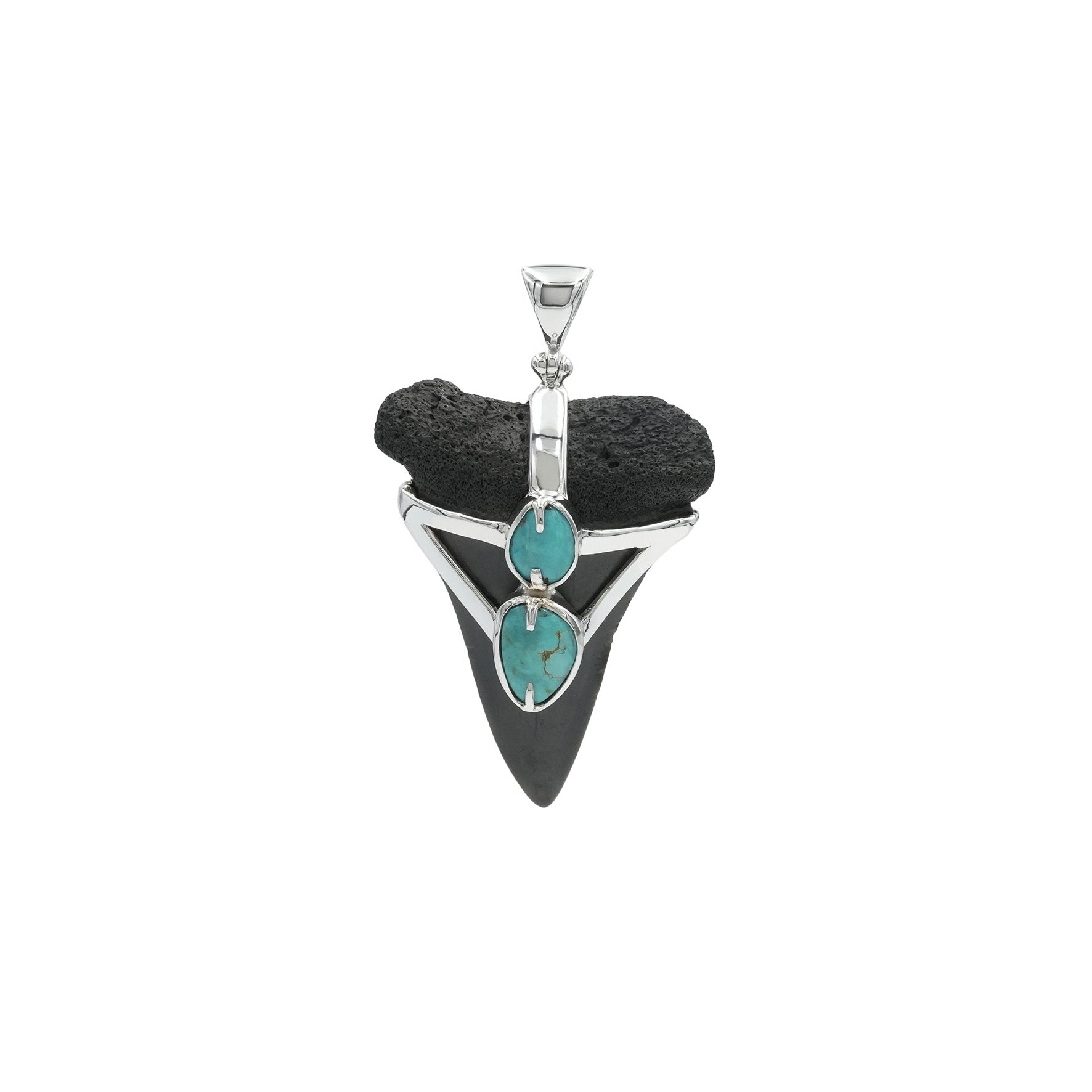 Starborn Fossil Shark Tooth with Dual Turquoise V-Wrap Setting Pendant in Sterling Silver