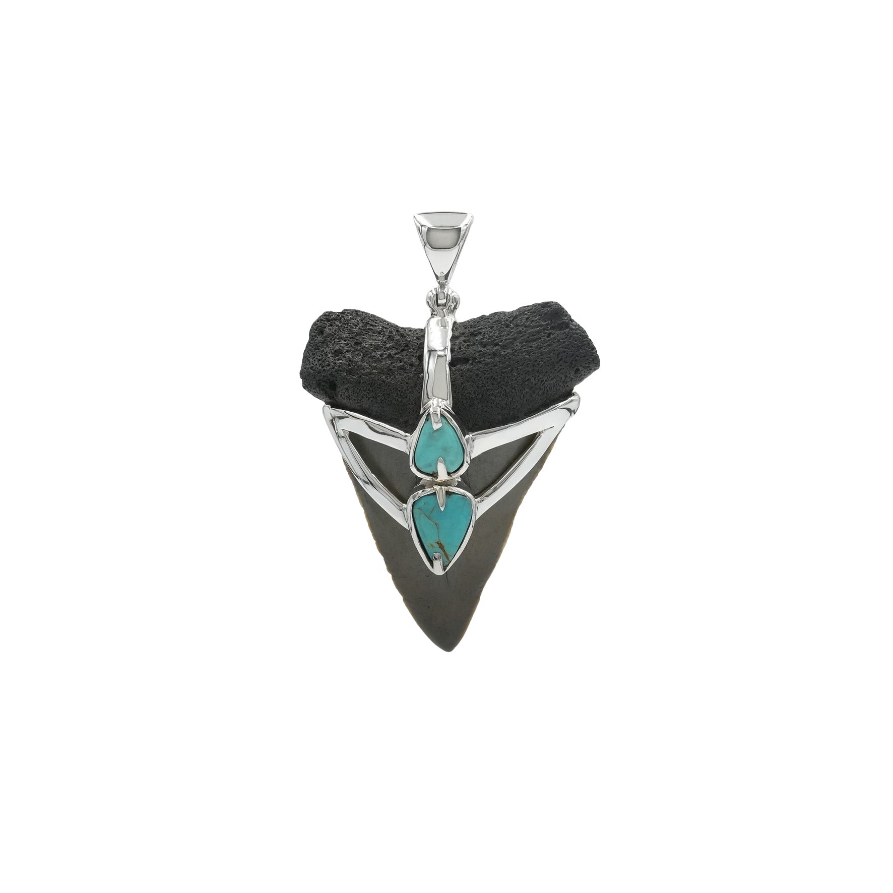 Starborn Fossil Shark Tooth with Dual Turquoise V-Wrap Setting Pendant in Sterling Silver
