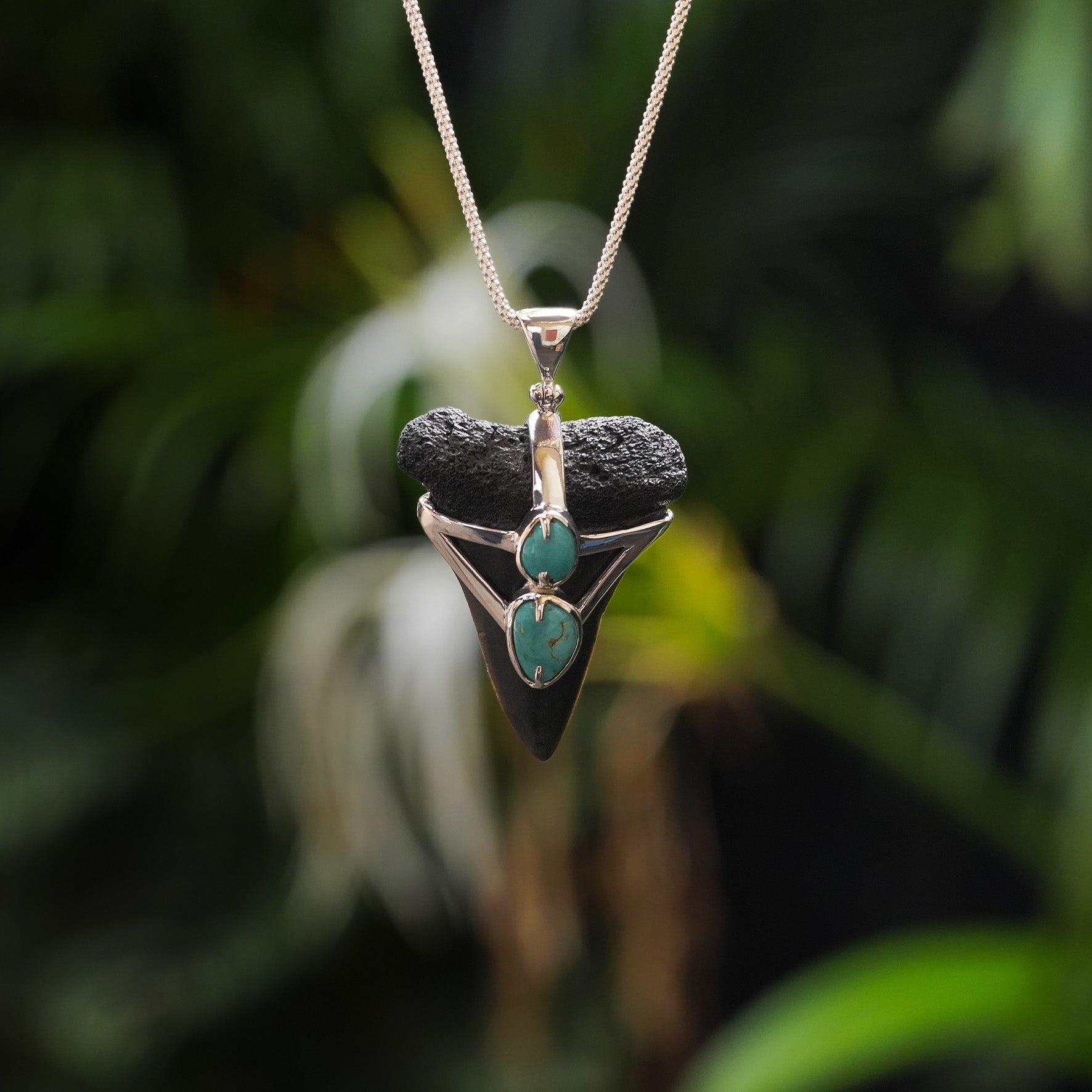 Starborn Fossil Shark Tooth with Dual Turquoise V-Wrap Setting Pendant in Sterling Silver