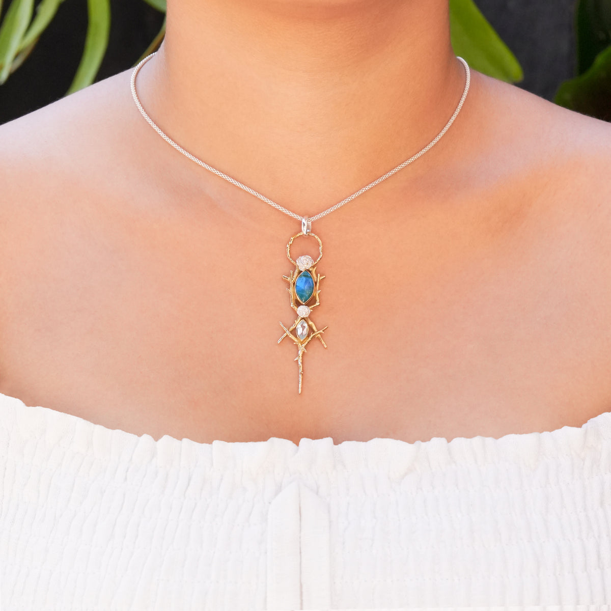 Starborn Thorn and Rose Pendant with Peruvian Blue Opal & Blue Topaz in Nordic Gold & Sterling Silver