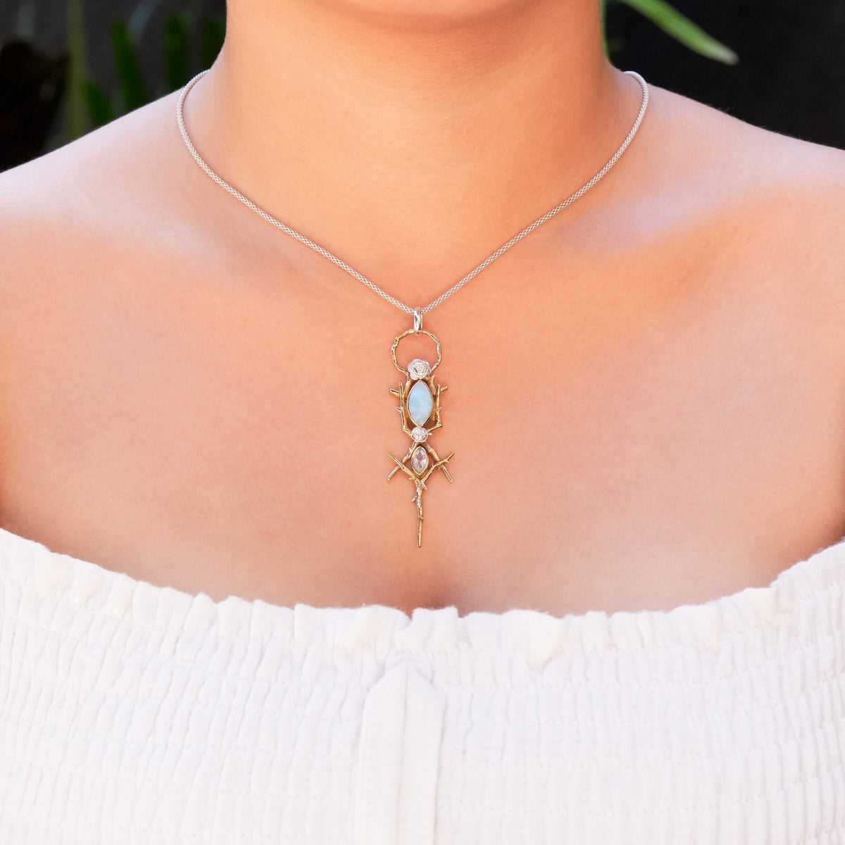 Starborn Thorn and Rose Pendant with Hemimorphite & White Topaz in Nordic Gold & Sterling Silver