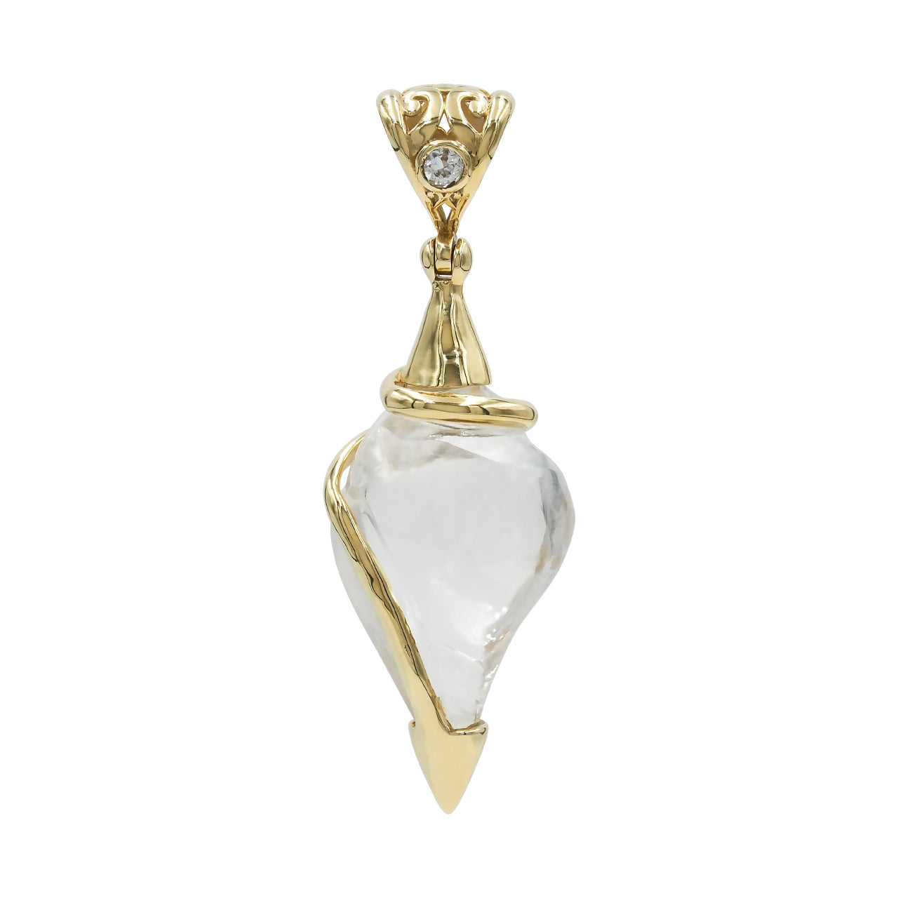 Starborn Carved Quartz Shell with White Topaz Accent Pendant in Nordic Gold