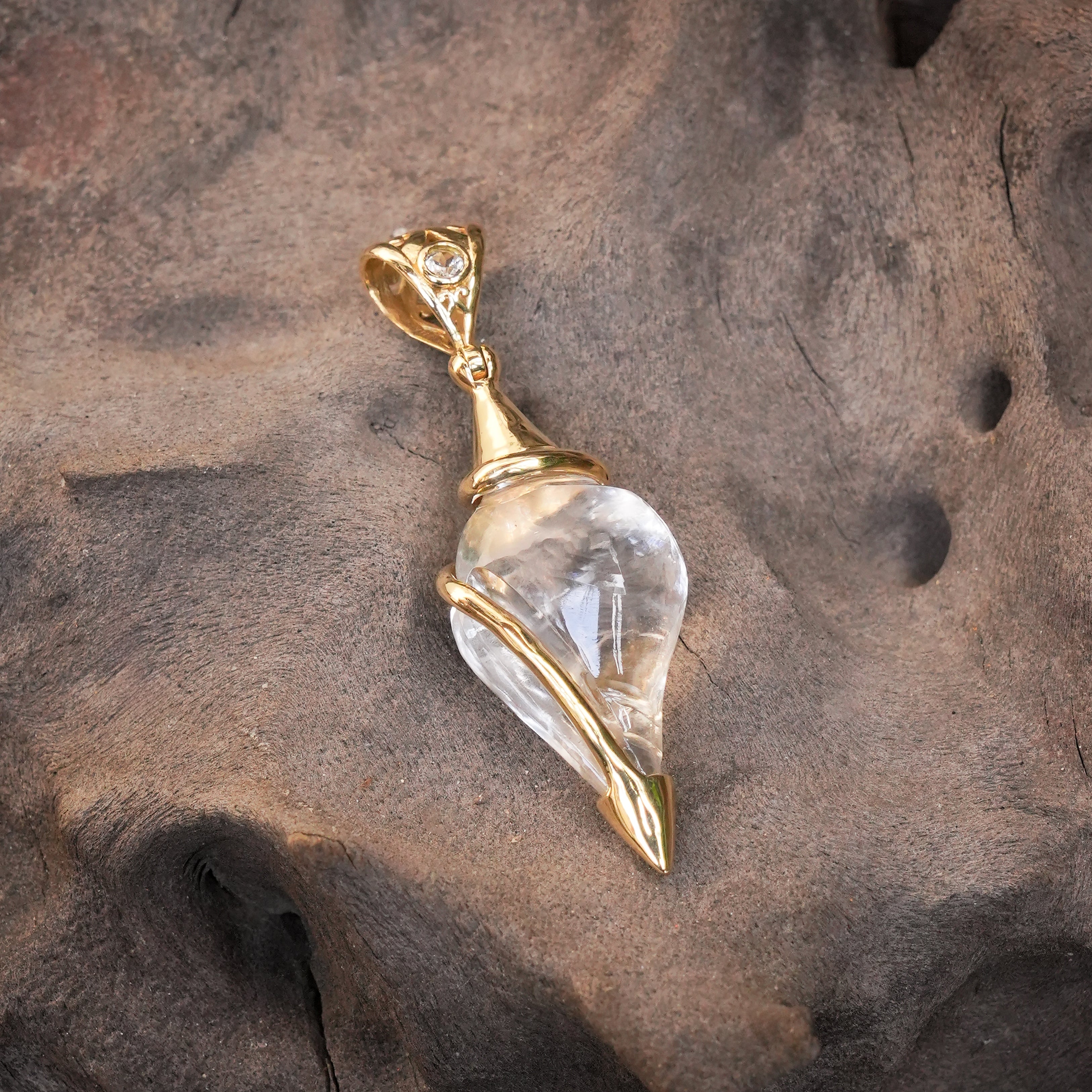 Starborn Carved Quartz Shell with White Topaz Accent Pendant in Nordic Gold