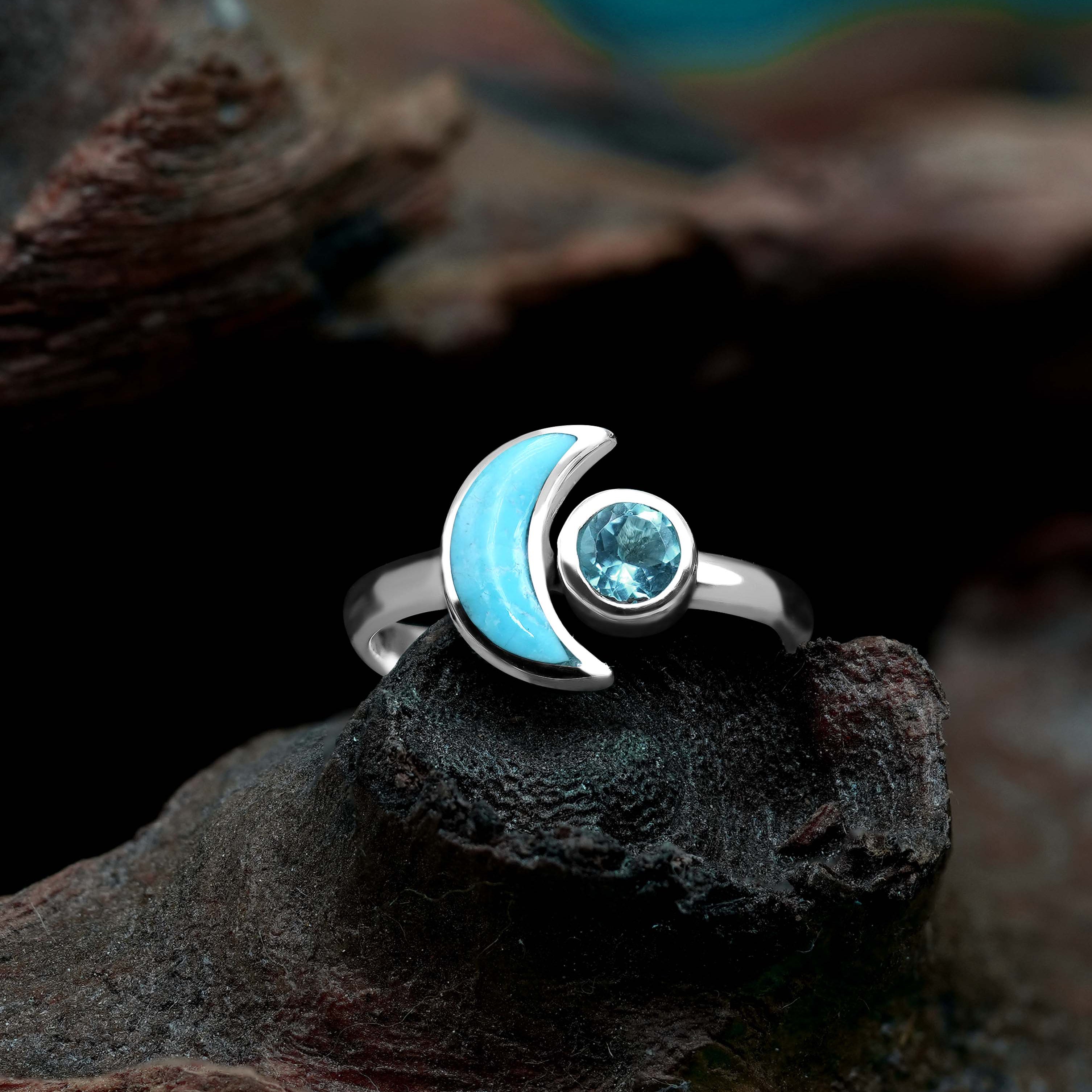 Anillo de luna creciente con topacio azul facetado y turquesa Starborn en plata de ley