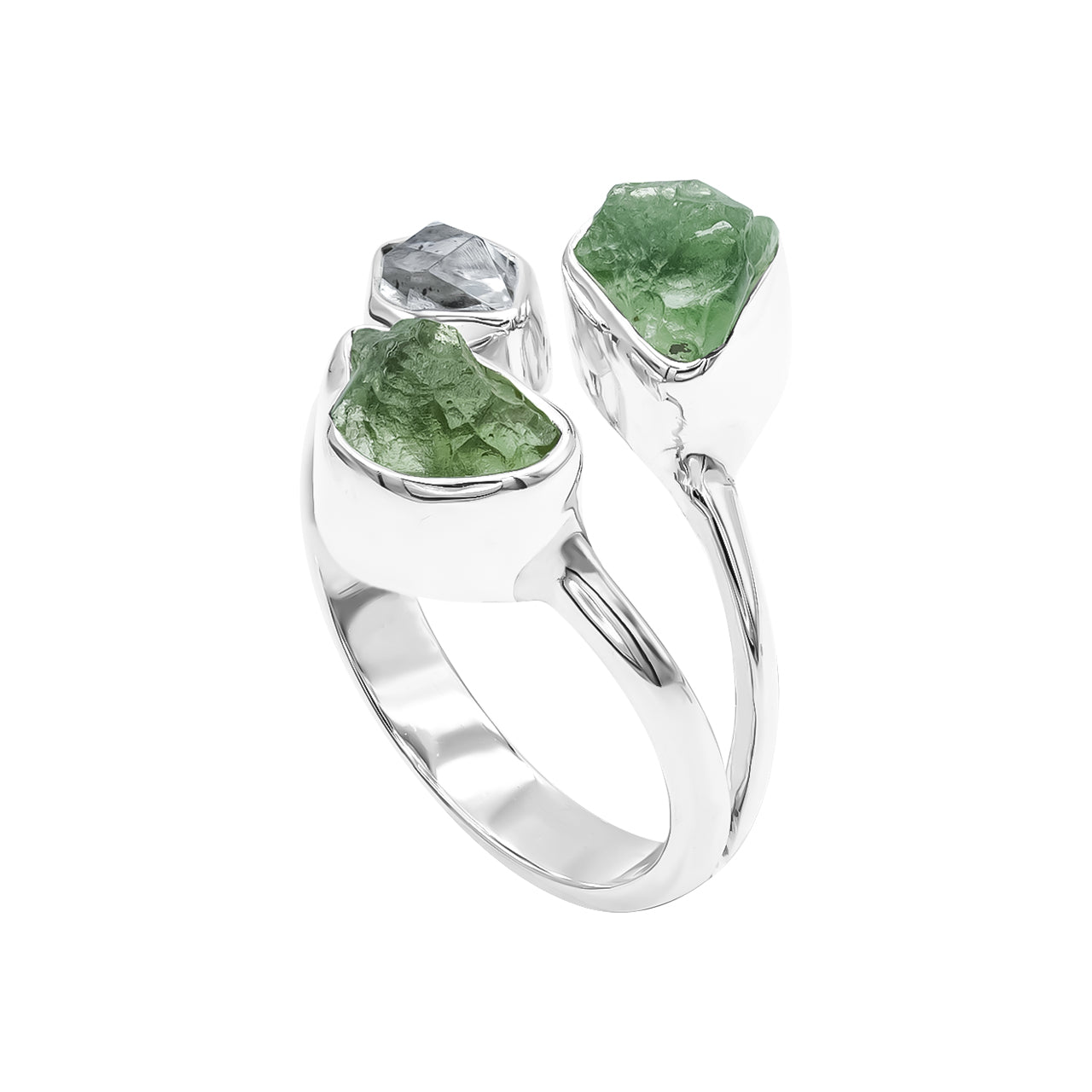 Anillo Starborn de moldavita y diamantes Herkimer en plata de ley