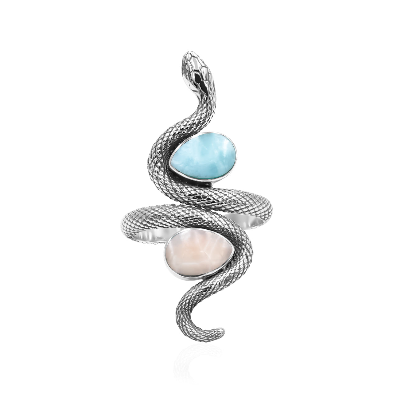Starborn Coiled Snake Ring with Dual Larimar & Pink Natrolite in Sterling Silver