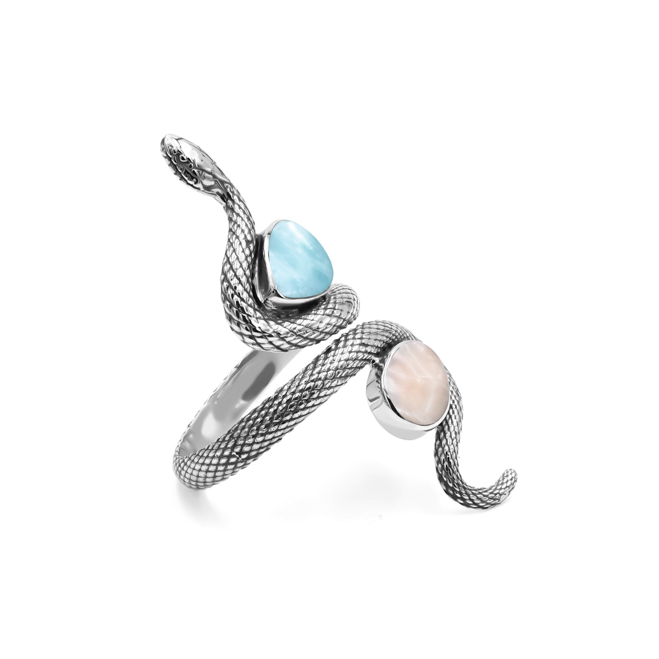 Starborn Coiled Snake Ring with Dual Larimar and Pink Natrolite in Sterling Silver