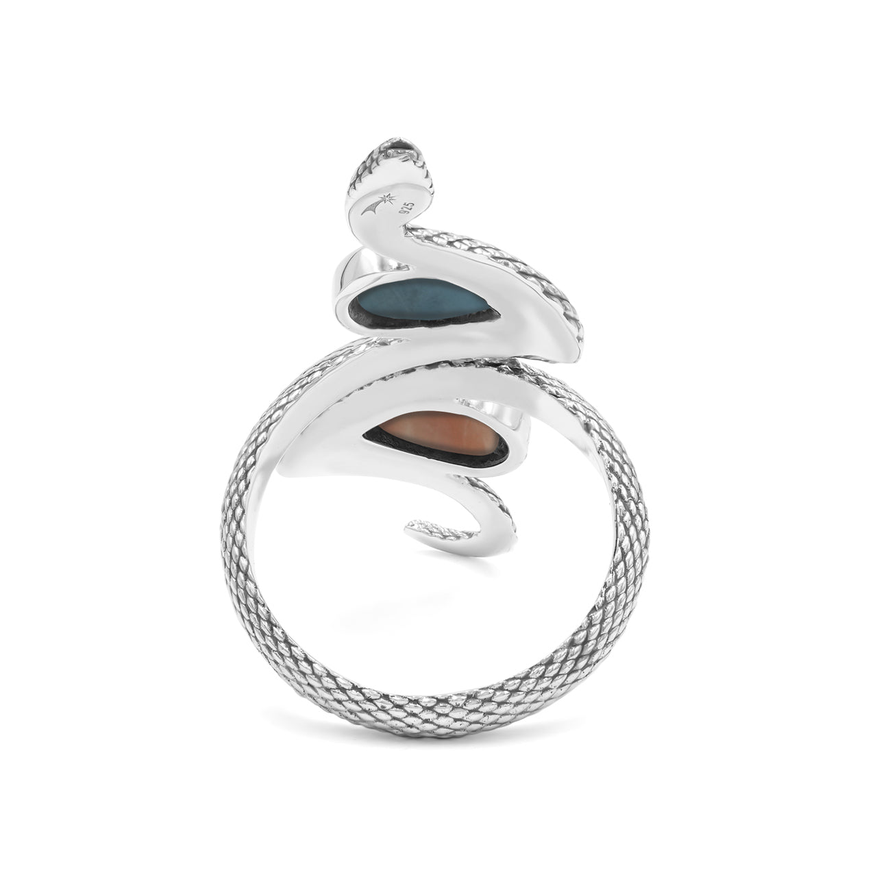 Starborn Coiled Snake Ring with Dual Larimar & Pink Natrolite in Sterling Silver