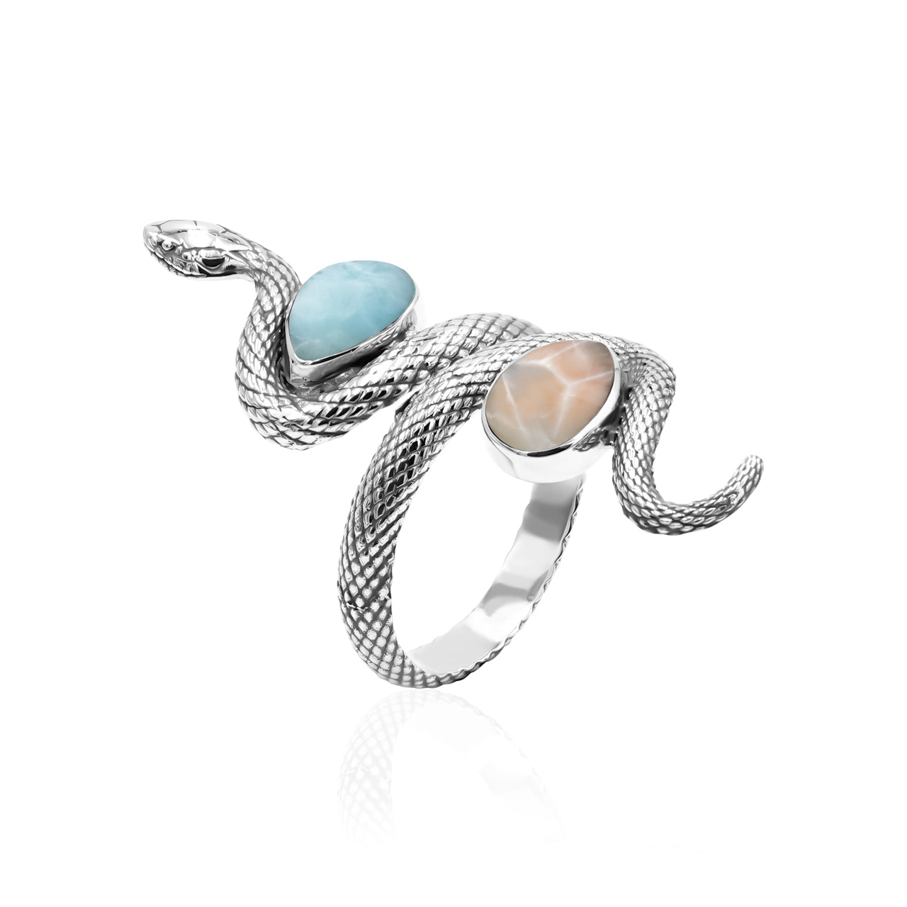 Starborn Coiled Snake Ring with Dual Larimar and Pink Natrolite in Sterling Silver