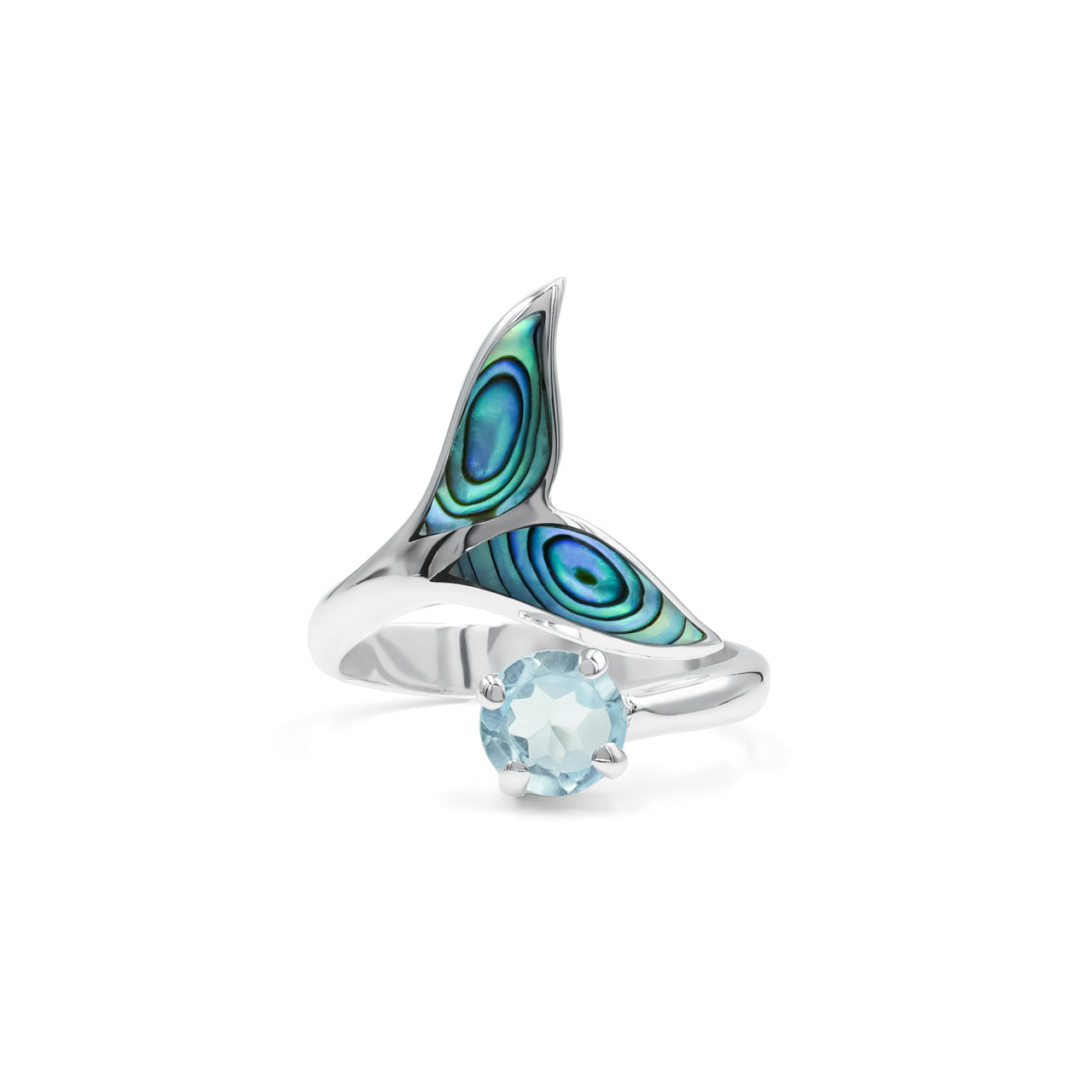 Starborn Abalone Shell & Faceted Blue Topaz Whale Tail Wrap Ring in Sterling Silver
