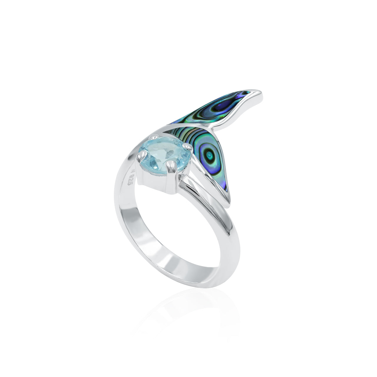 Starborn Abalone Shell & Faceted Blue Topaz Whale Tail Wrap Ring in Sterling Silver
