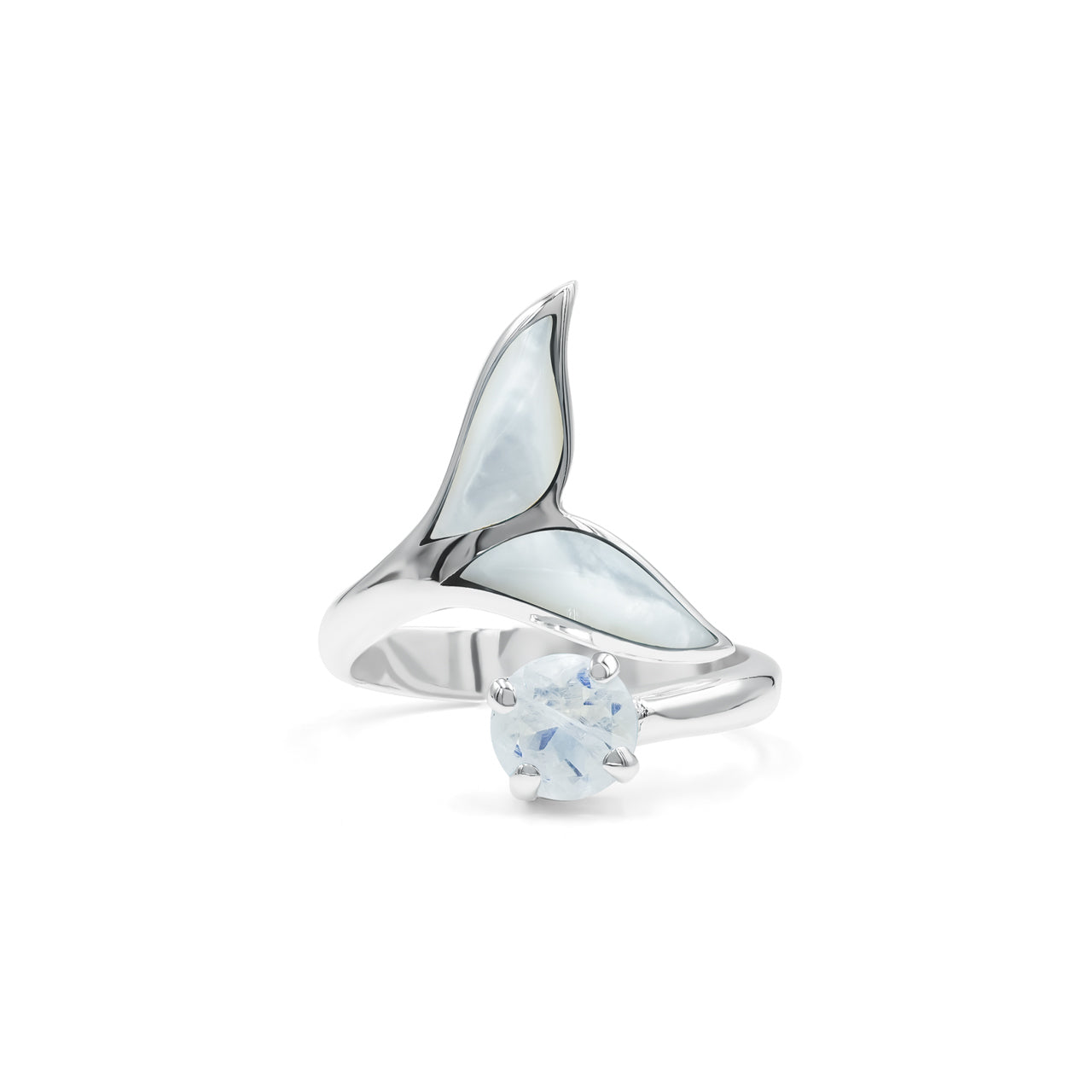 Starborn Mother of Pearl & Faceted Rainbow Moonstone Whale Tail Wrap Ring in Sterling Silver