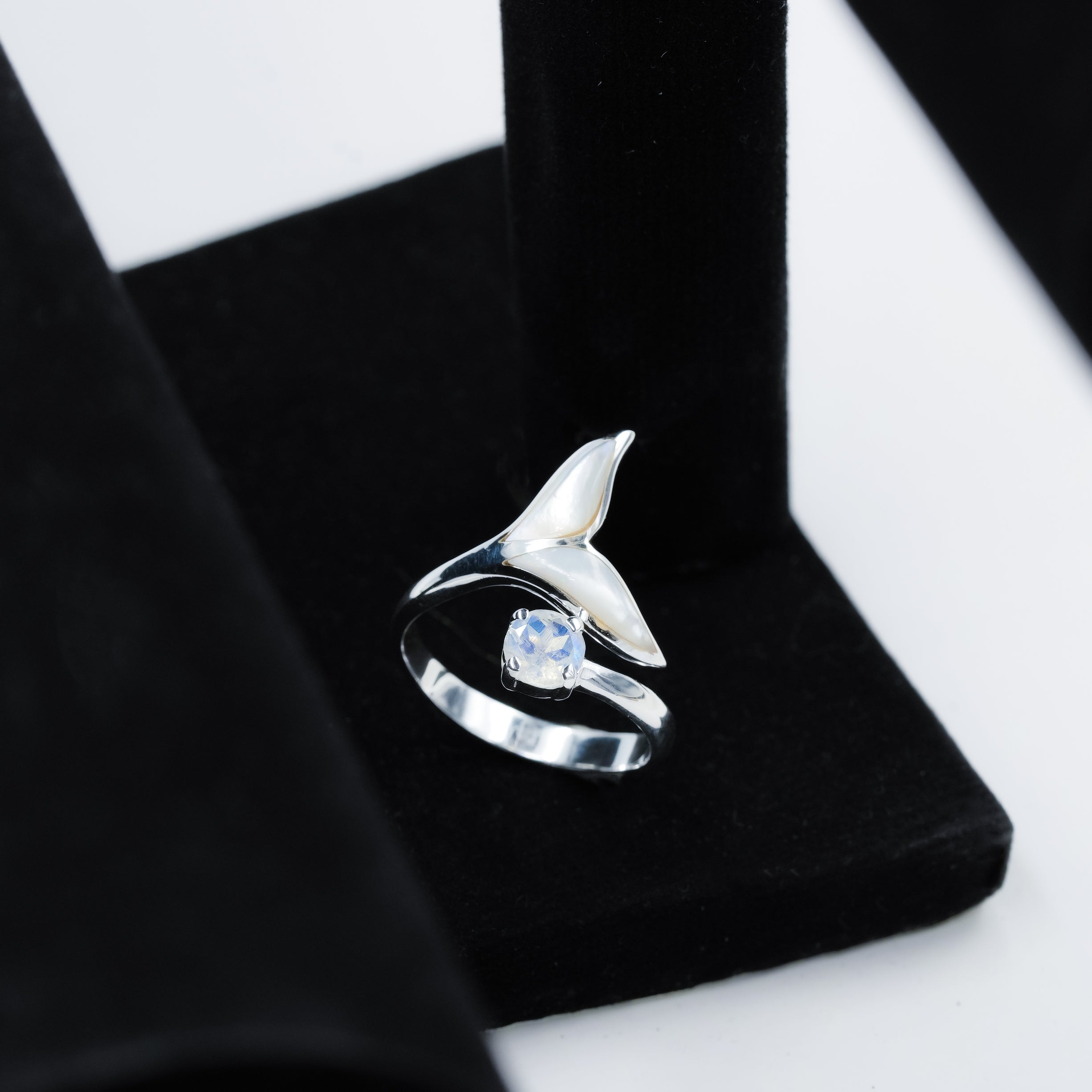 Starborn Mother of Pearl & Faceted Rainbow Moonstone Whale Tail Wrap Ring in Sterling Silver