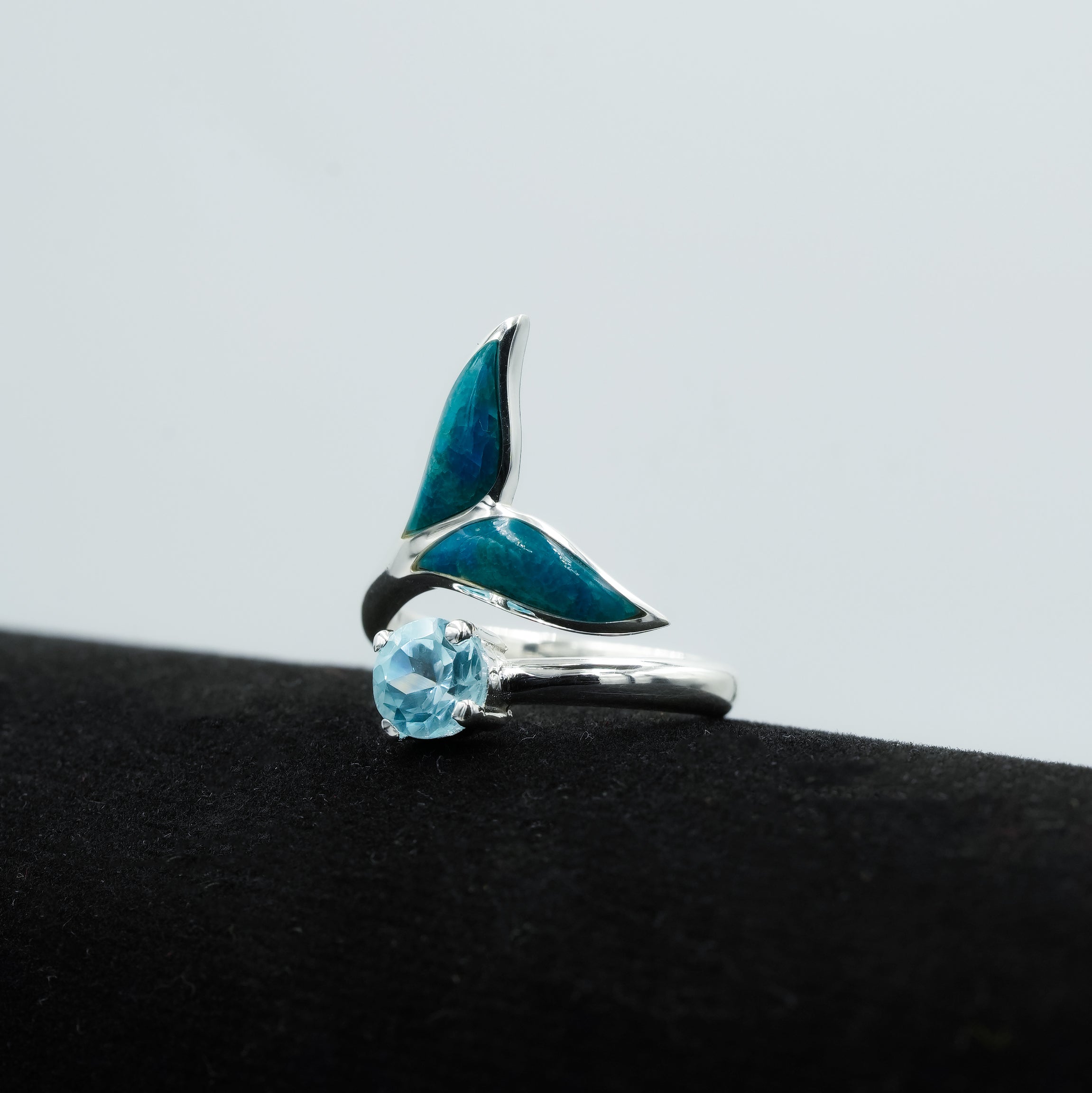 Starborn Peruvian Blue Opal & Faceted Blue Topaz Whale Tail Wrap Ring in Sterling Silver