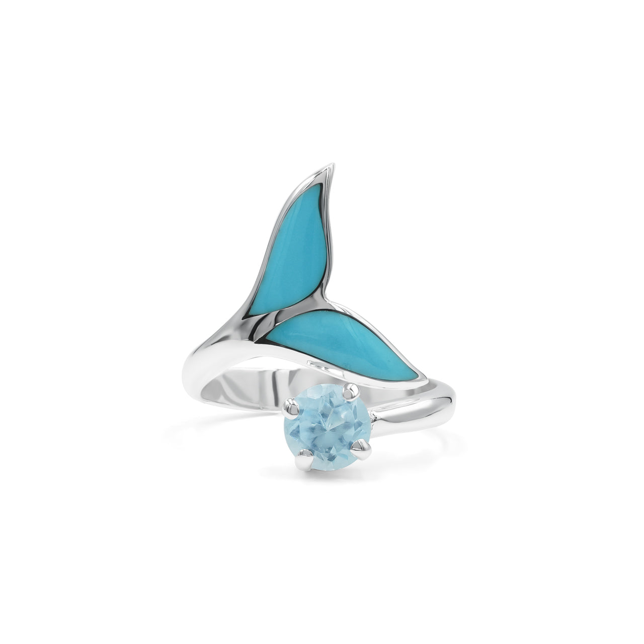 Starborn Sleeping Beauty Turquoise & Faceted Blue Topaz Whale Tail Wrap Ring in Sterling Silver