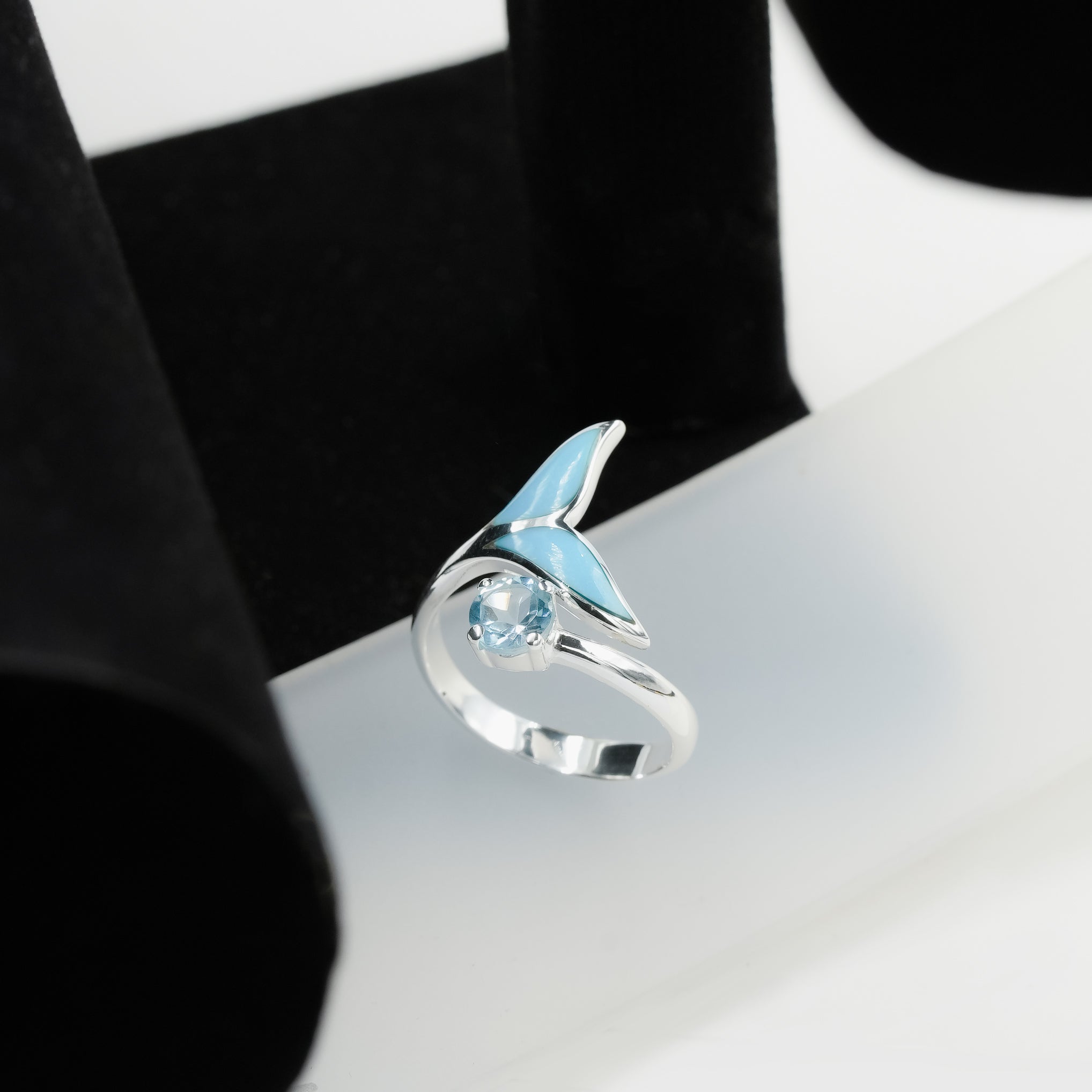 Starborn Sleeping Beauty Turquoise & Faceted Blue Topaz Whale Tail Wrap Ring in Sterling Silver
